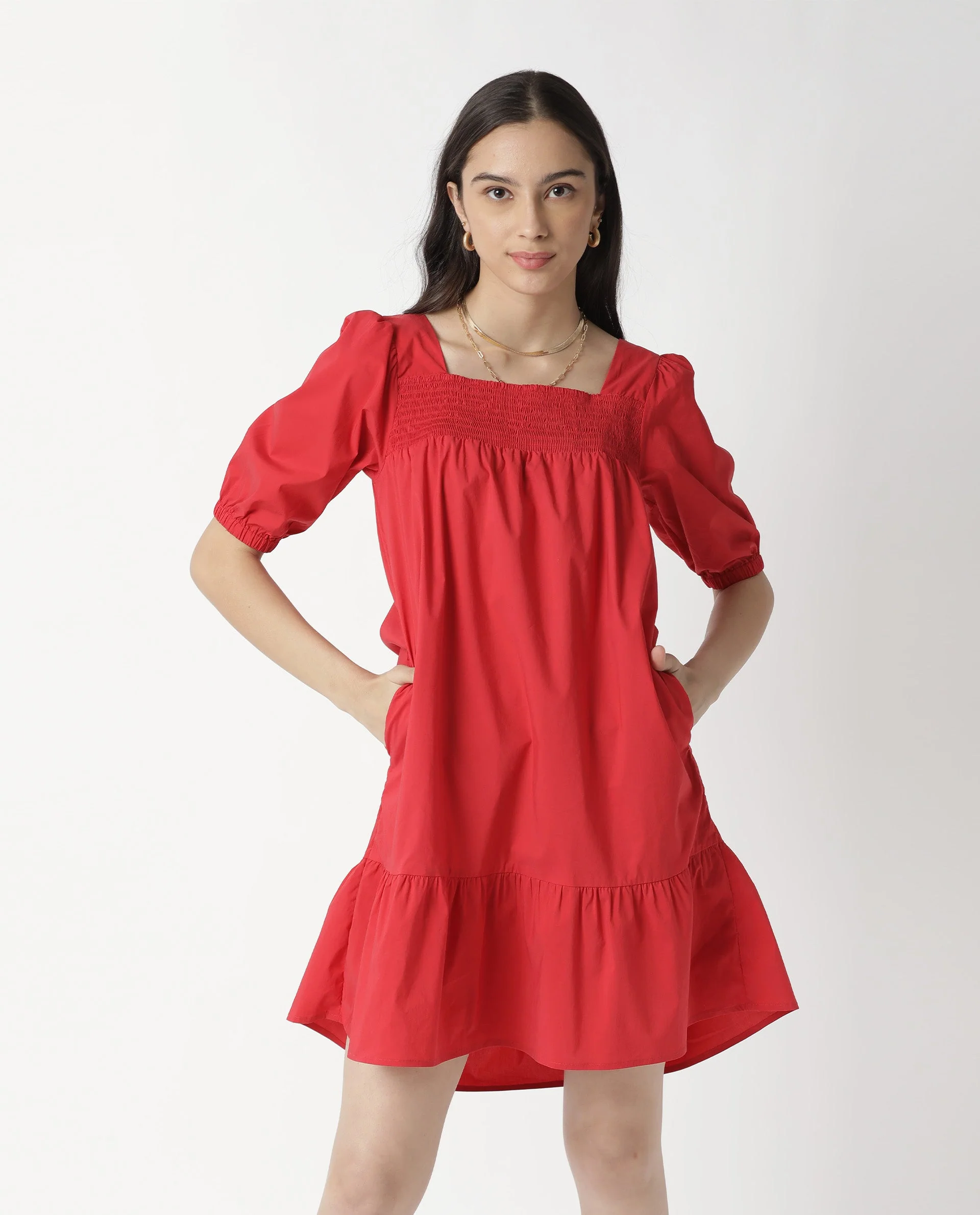 Rareism Womens Catchy Red Dress Cotton Lycra Fabric Relaxed Fit Puff Sleeves Square Neck - Image 3