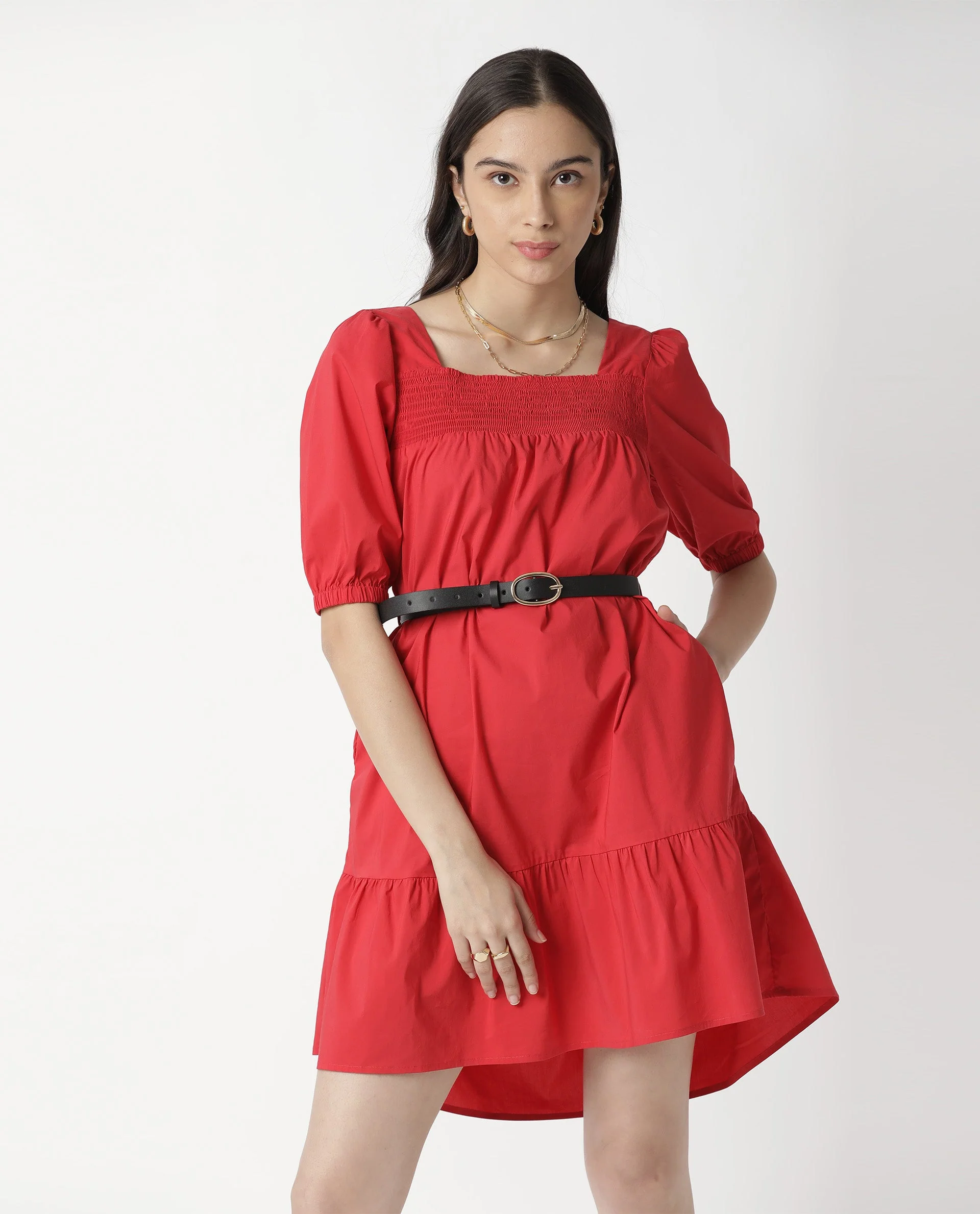 Rareism Womens Catchy Red Dress Cotton Lycra Fabric Relaxed Fit Puff Sleeves Square Neck - Image 4
