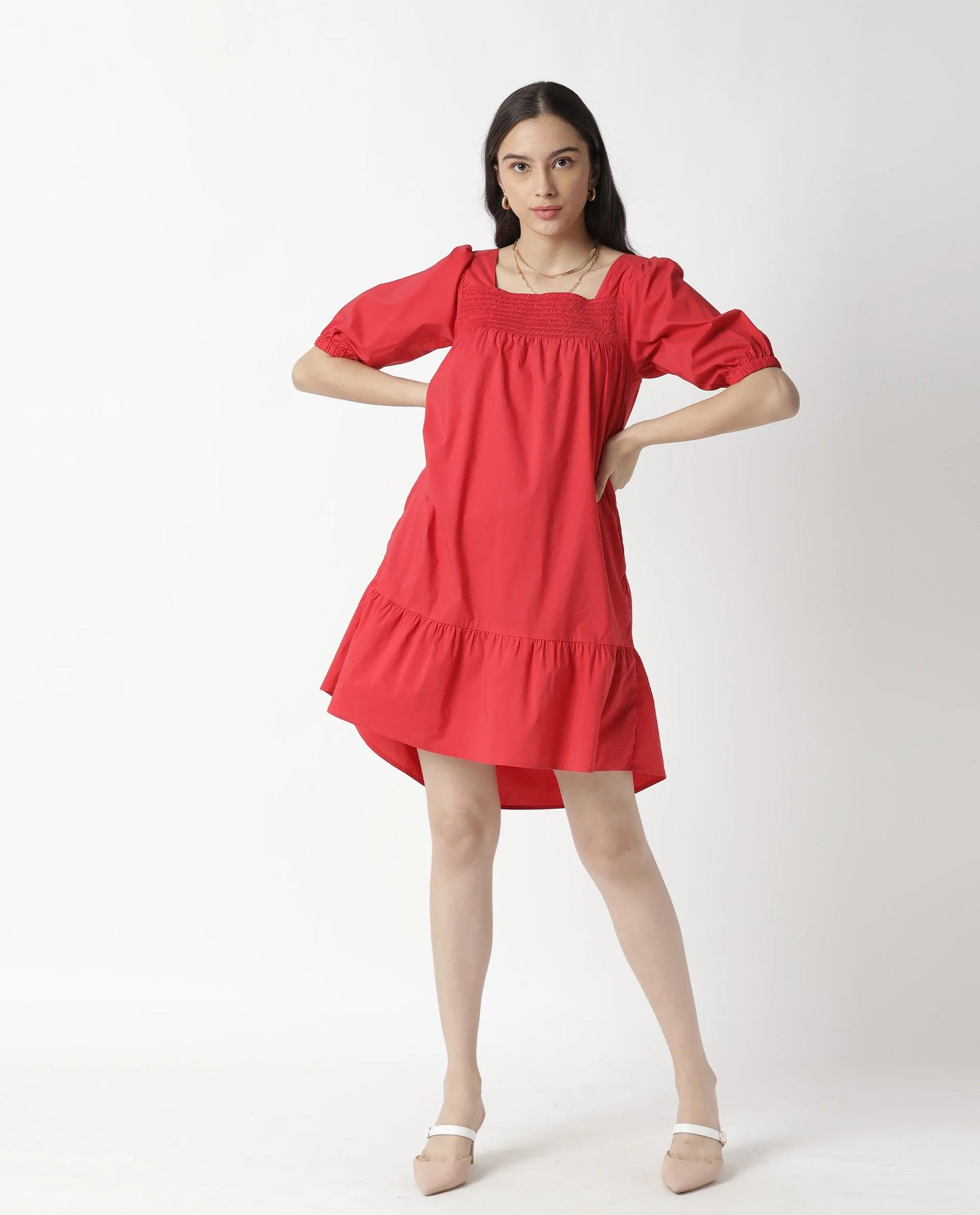 Rareism Womens Catchy Red Dress Cotton Lycra Fabric Relaxed Fit Puff Sleeves Square Neck - Image 5