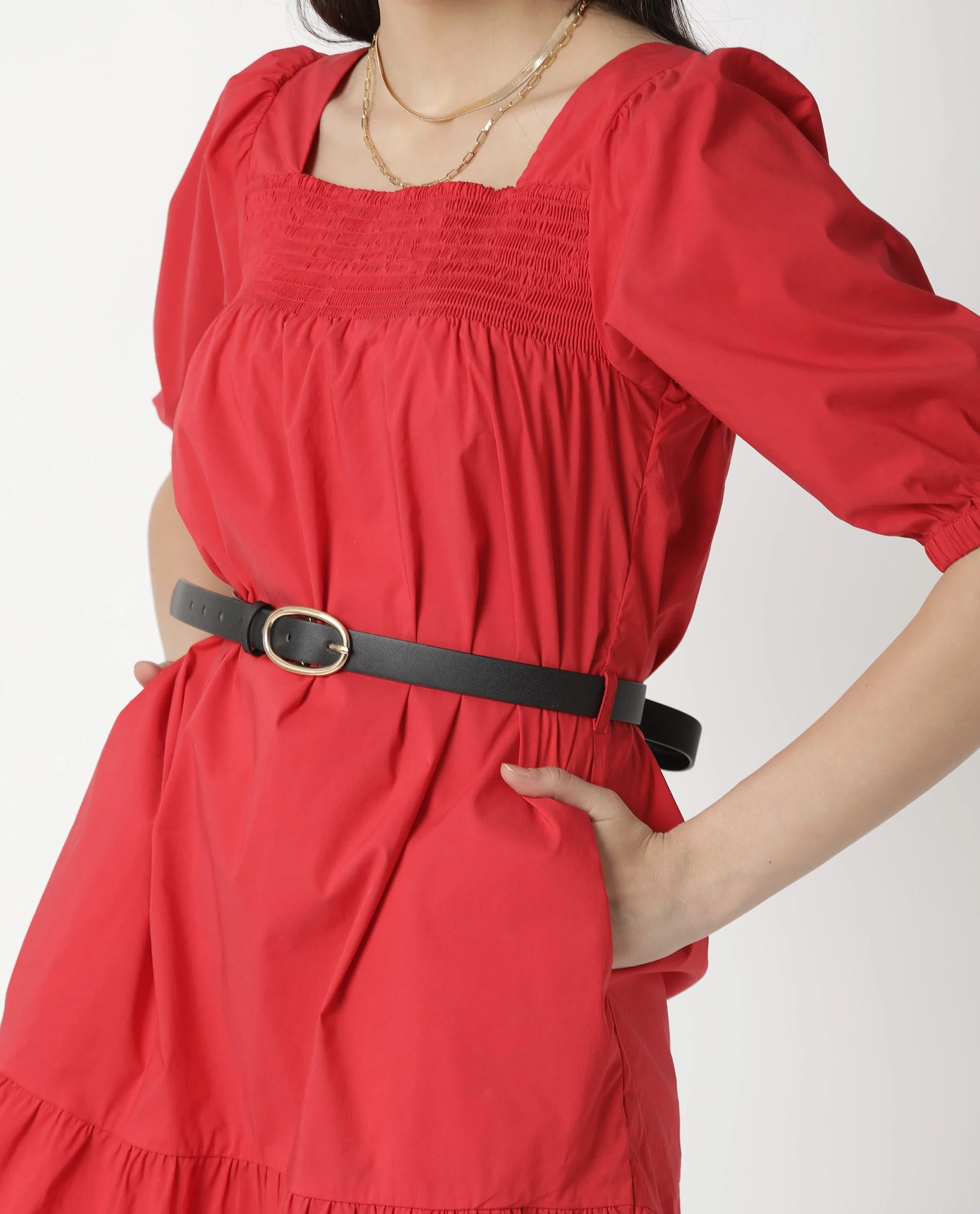 Rareism Womens Catchy Red Dress Cotton Lycra Fabric Relaxed Fit Puff Sleeves Square Neck - Image 6