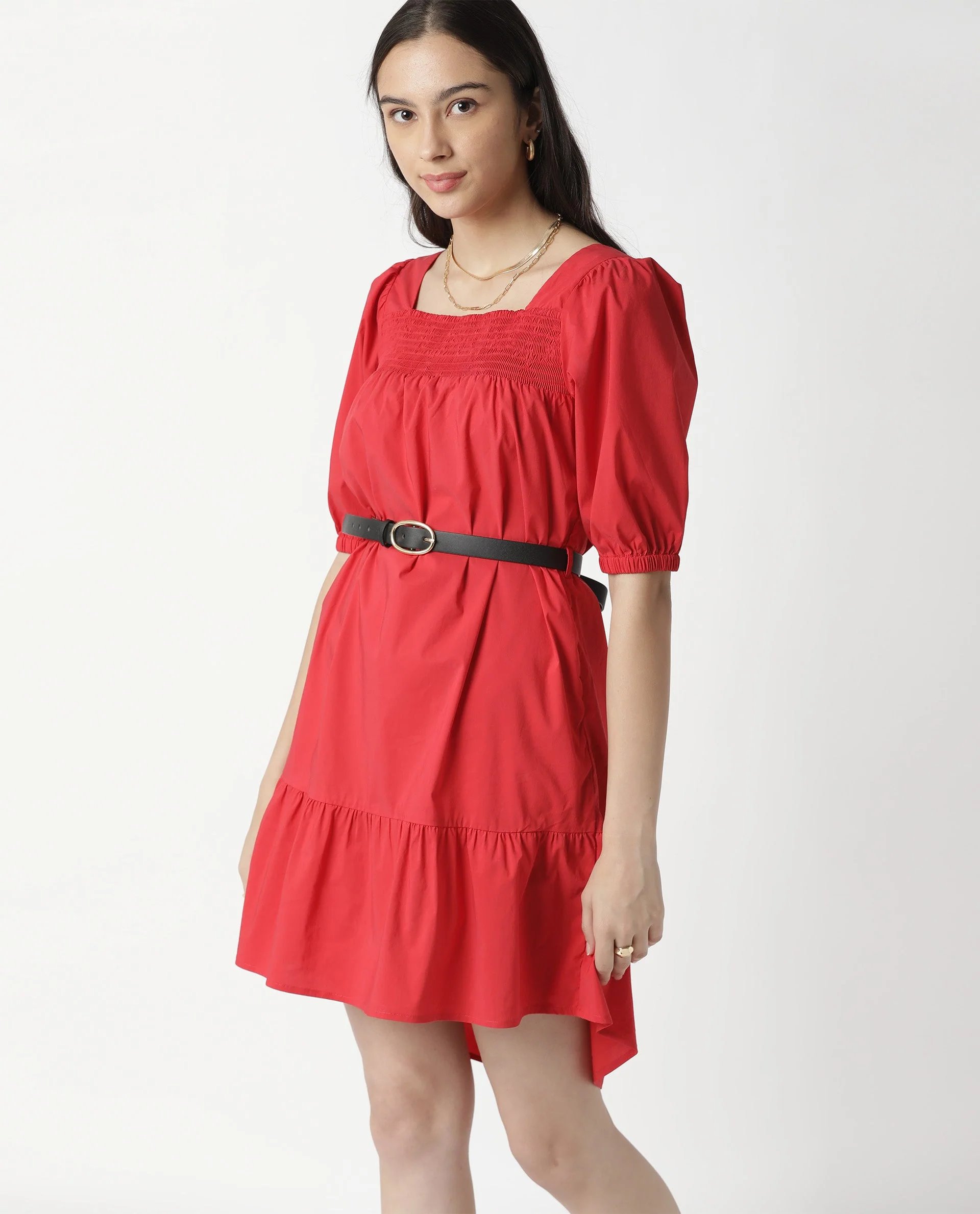 Rareism Womens Catchy Red Dress Cotton Lycra Fabric Relaxed Fit Puff Sleeves Square Neck - Image 7