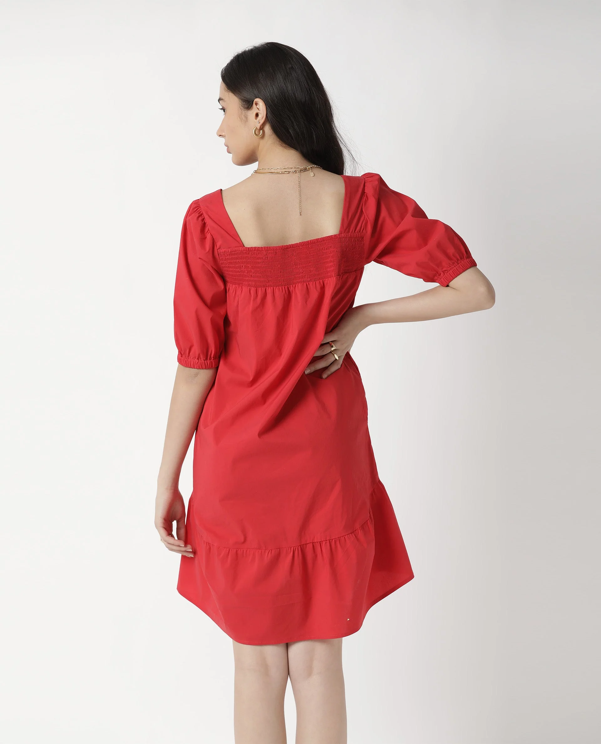 Rareism Womens Catchy Red Dress Cotton Lycra Fabric Relaxed Fit Puff Sleeves Square Neck - Image 8