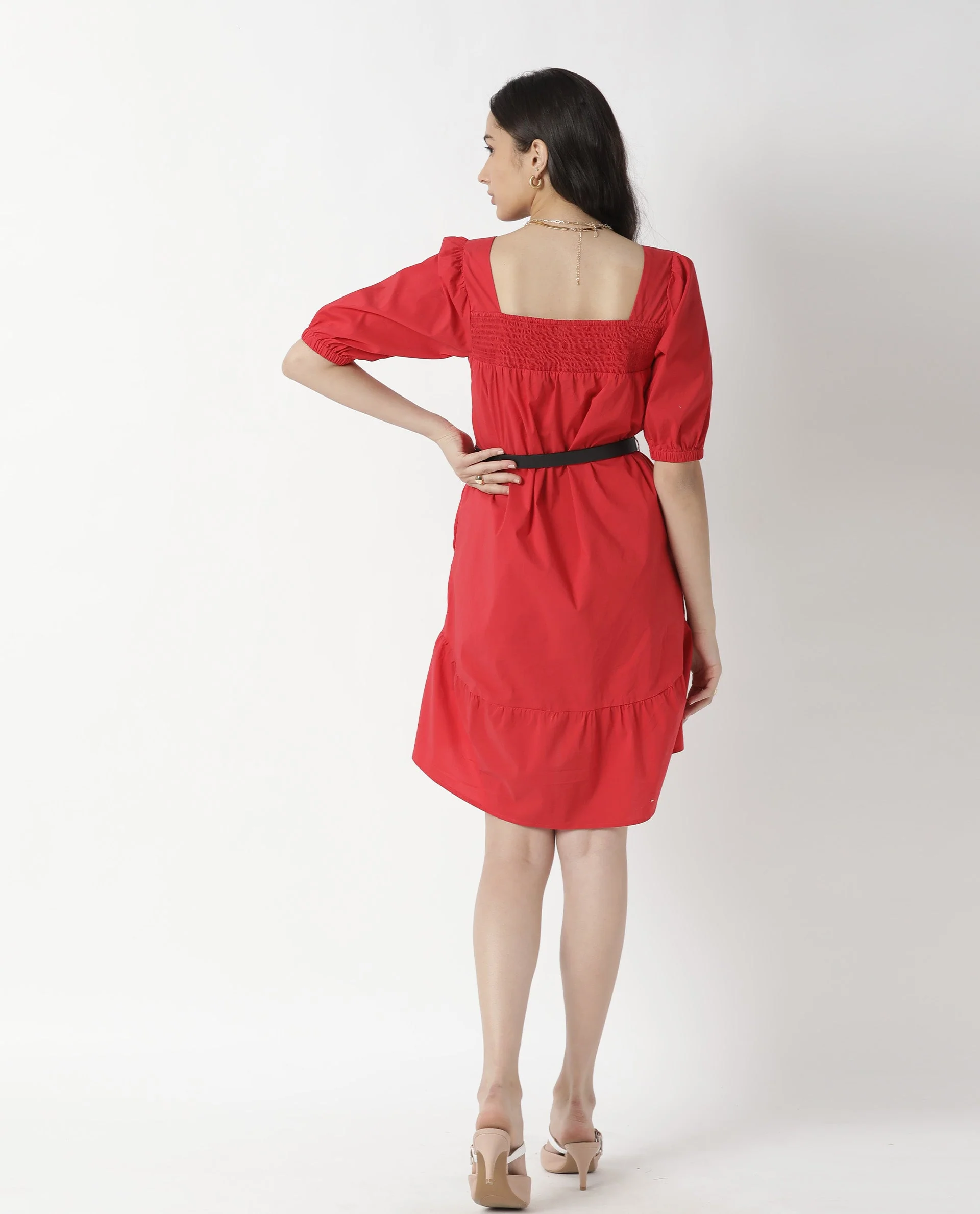 Rareism Womens Catchy Red Dress Cotton Lycra Fabric Relaxed Fit Puff Sleeves Square Neck - Image 9