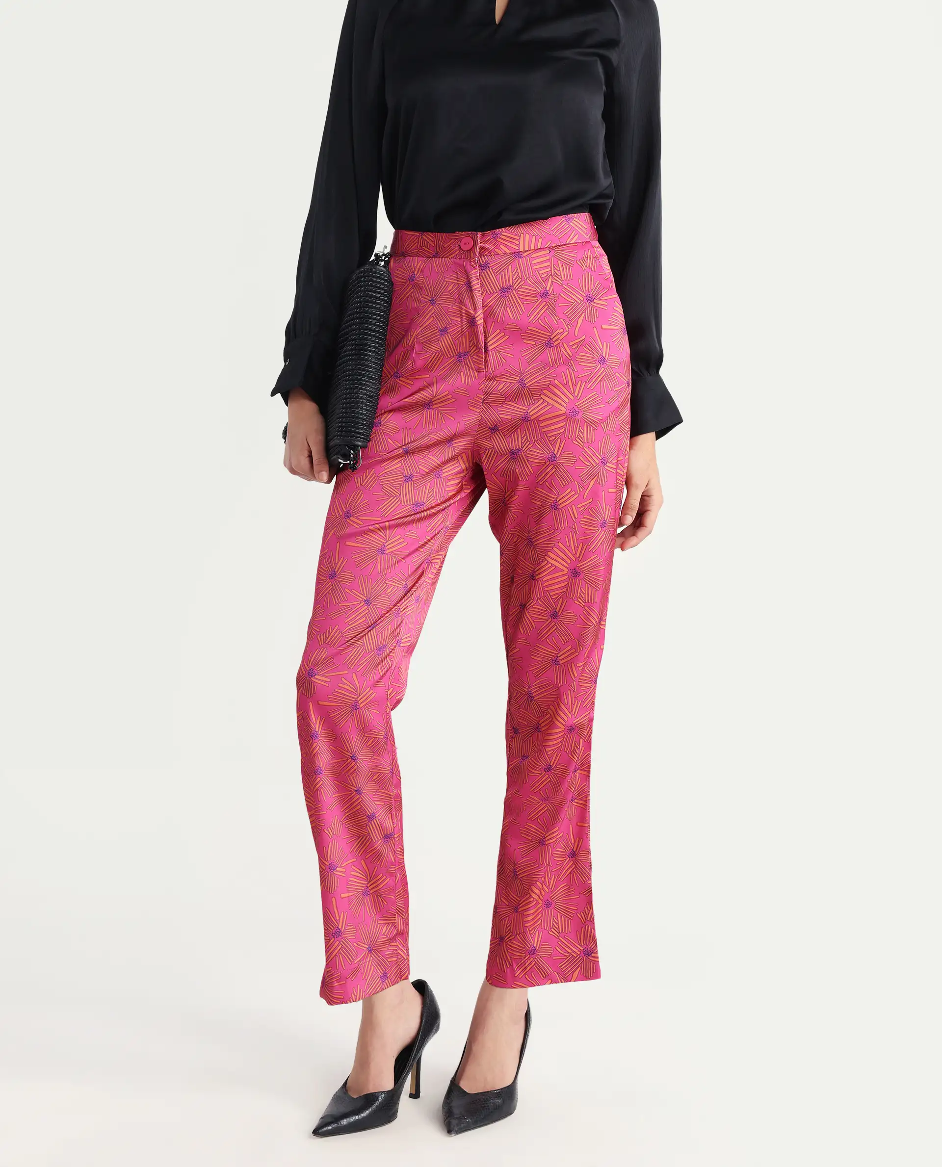 Rareism Women's Catepil Pink Modal Geometric Print Ankle Length Tailored Trouser - Image 2