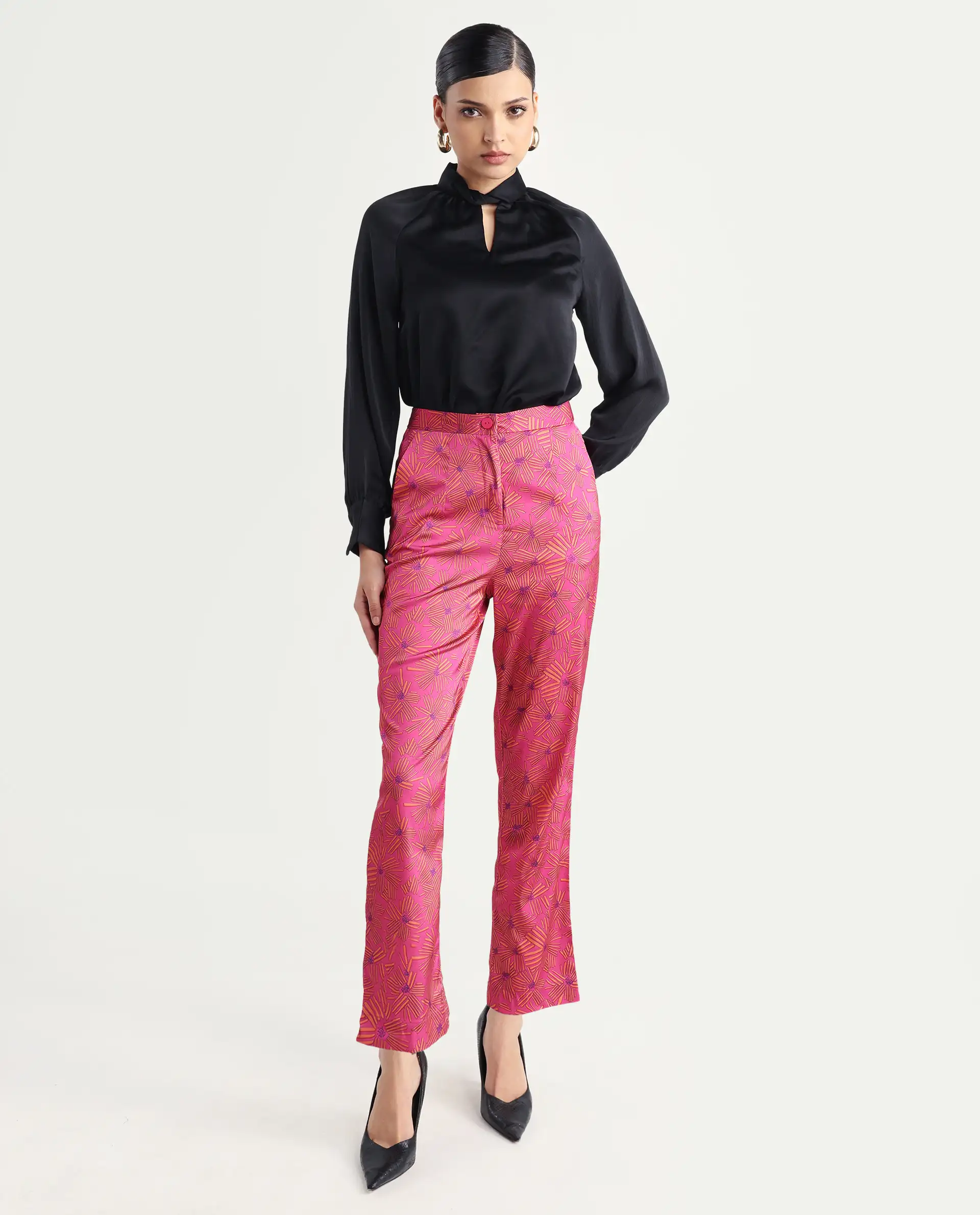 Rareism Women's Catepil Pink Modal Geometric Print Ankle Length Tailored Trouser - Image 3