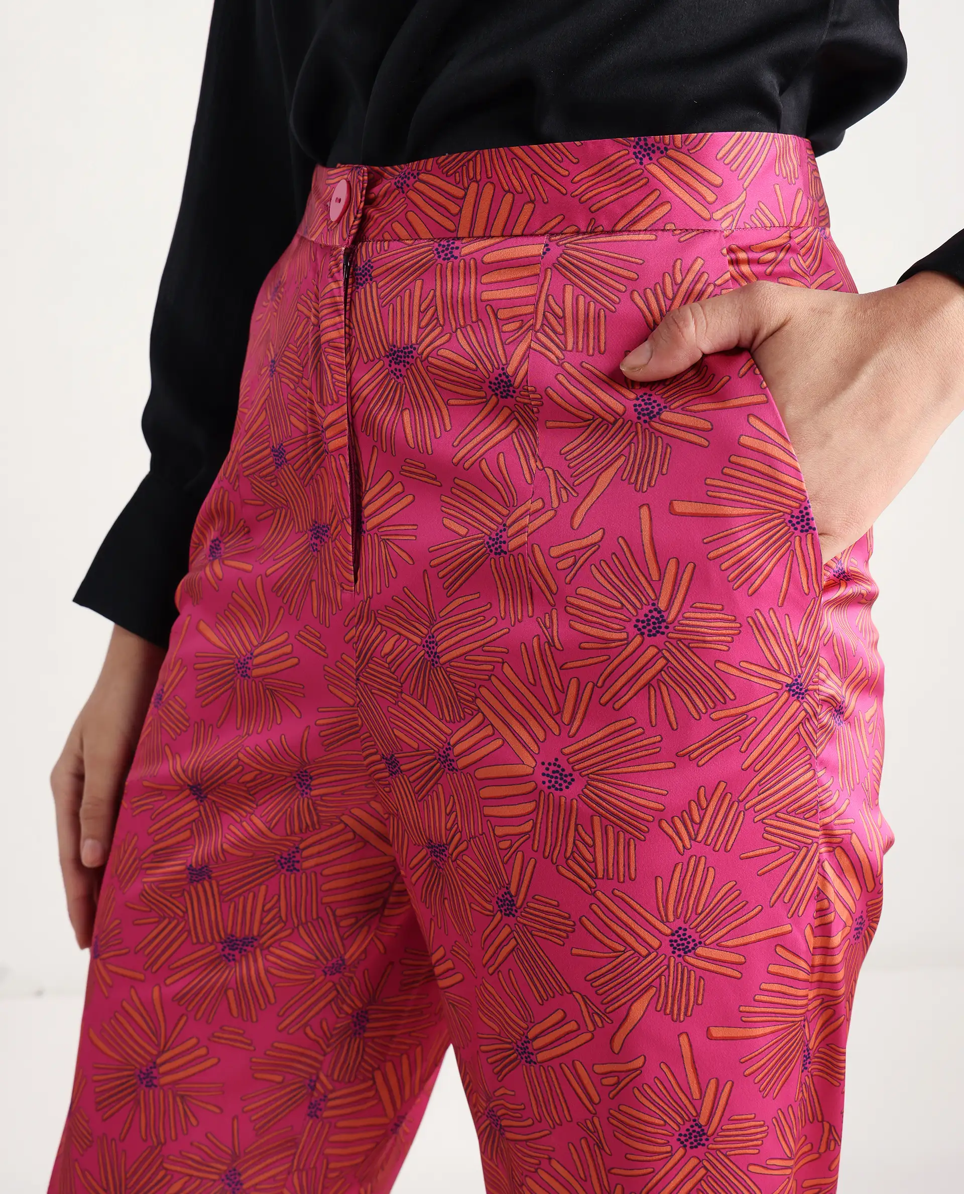 Rareism Women's Catepil Pink Modal Geometric Print Ankle Length Tailored Trouser - Image 5