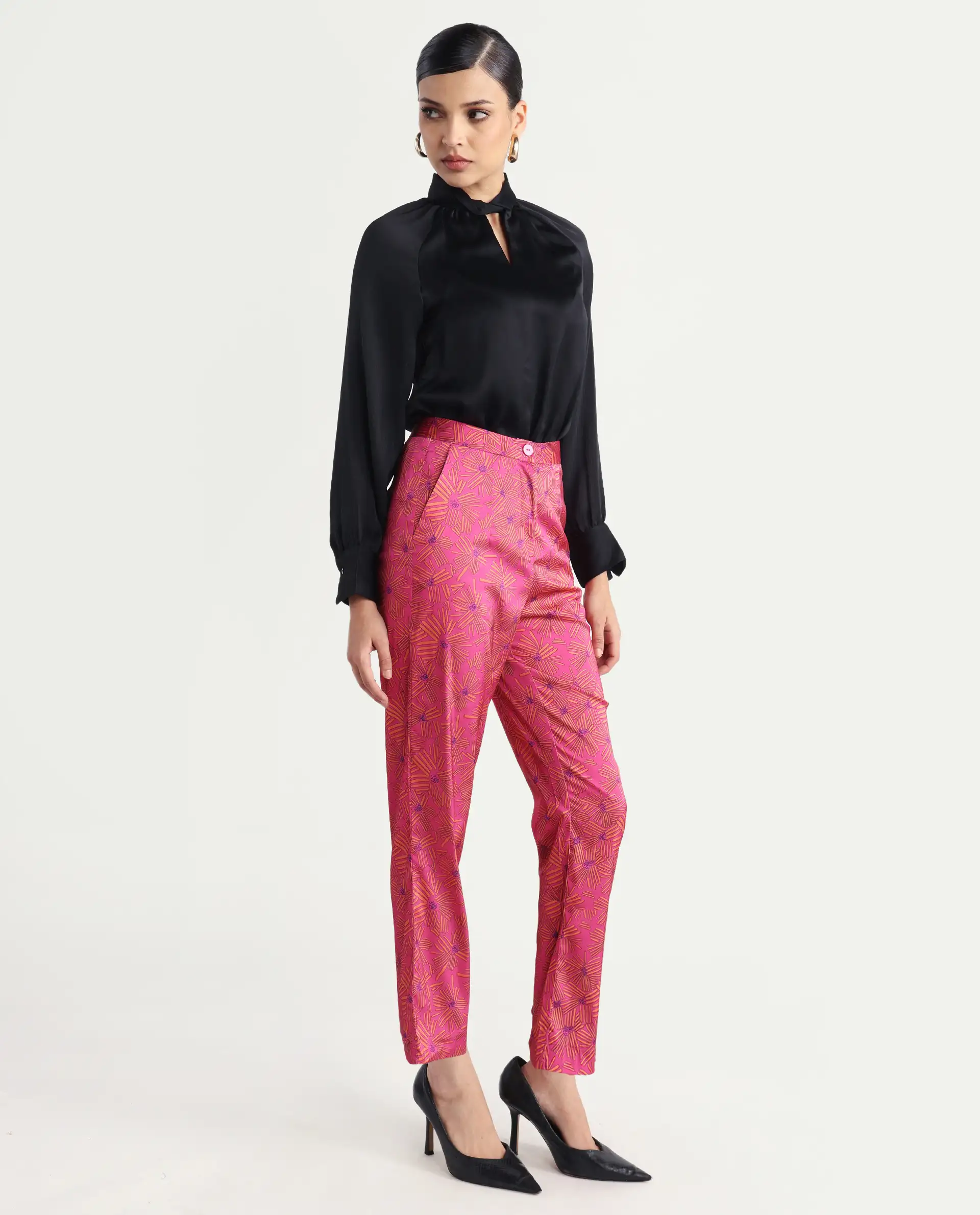 Rareism Women's Catepil Pink Modal Geometric Print Ankle Length Tailored Trouser - Image 6