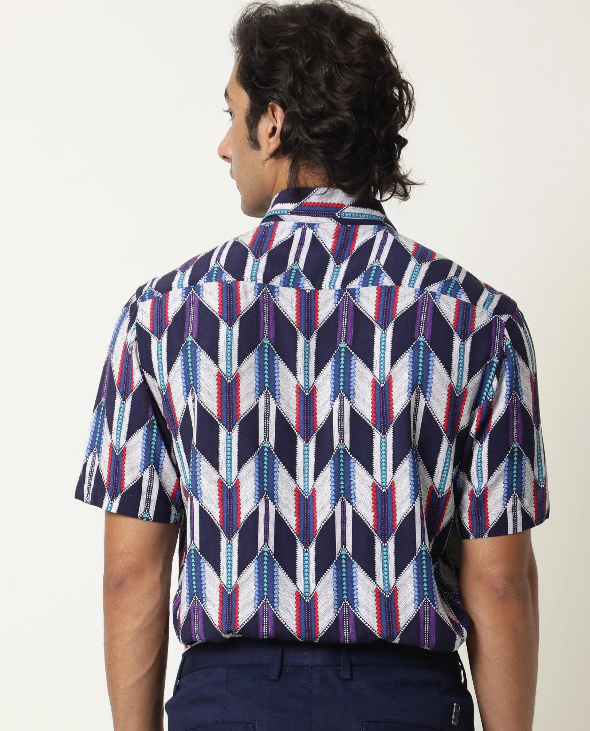 Rare Rabbit Men's Cato Navy Viscose Printed Regular Fit Half Sleeve Collared Shirt - Image 2