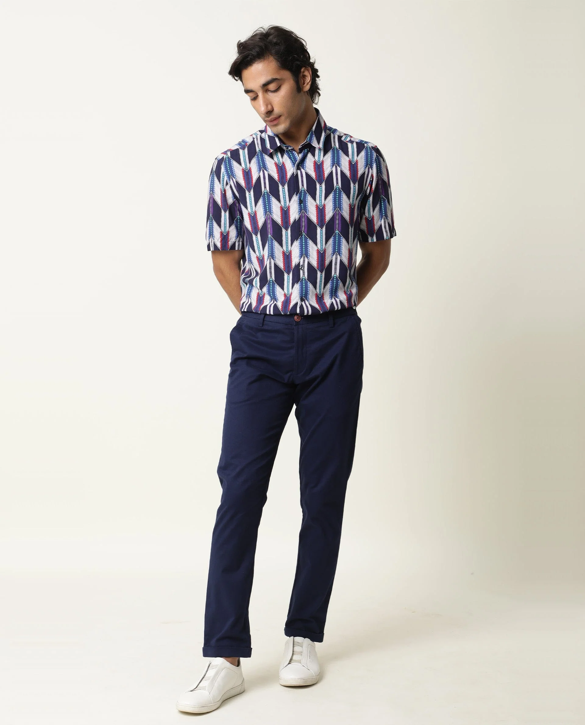 Rare Rabbit Men's Cato Navy Viscose Printed Regular Fit Half Sleeve Collared Shirt - Image 3