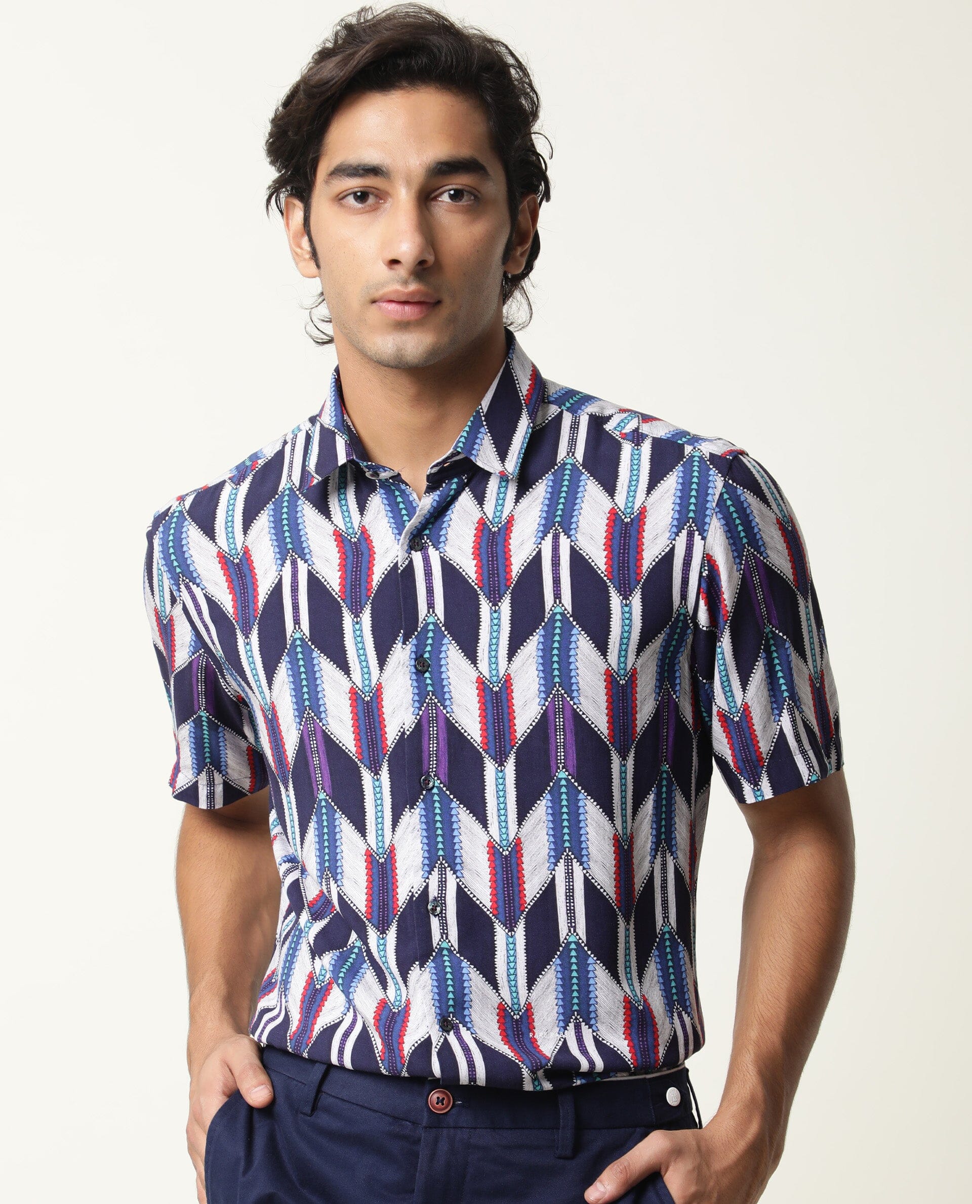 Rare Rabbit Men's Cato Navy Viscose Printed Regular Fit Half Sleeve Collared Shirt - Image 4