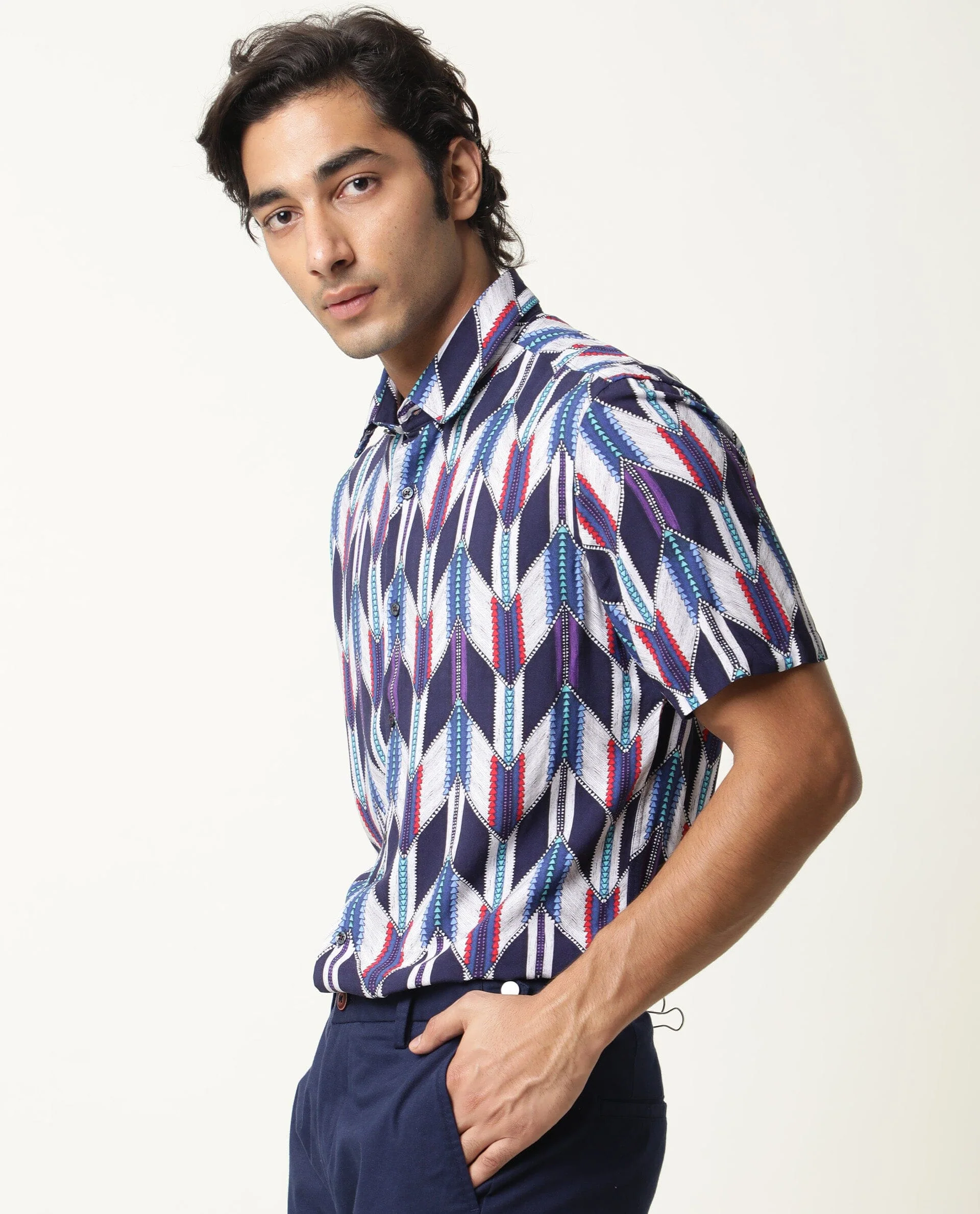Rare Rabbit Men's Cato Navy Viscose Printed Regular Fit Half Sleeve Collared Shirt - Image 5