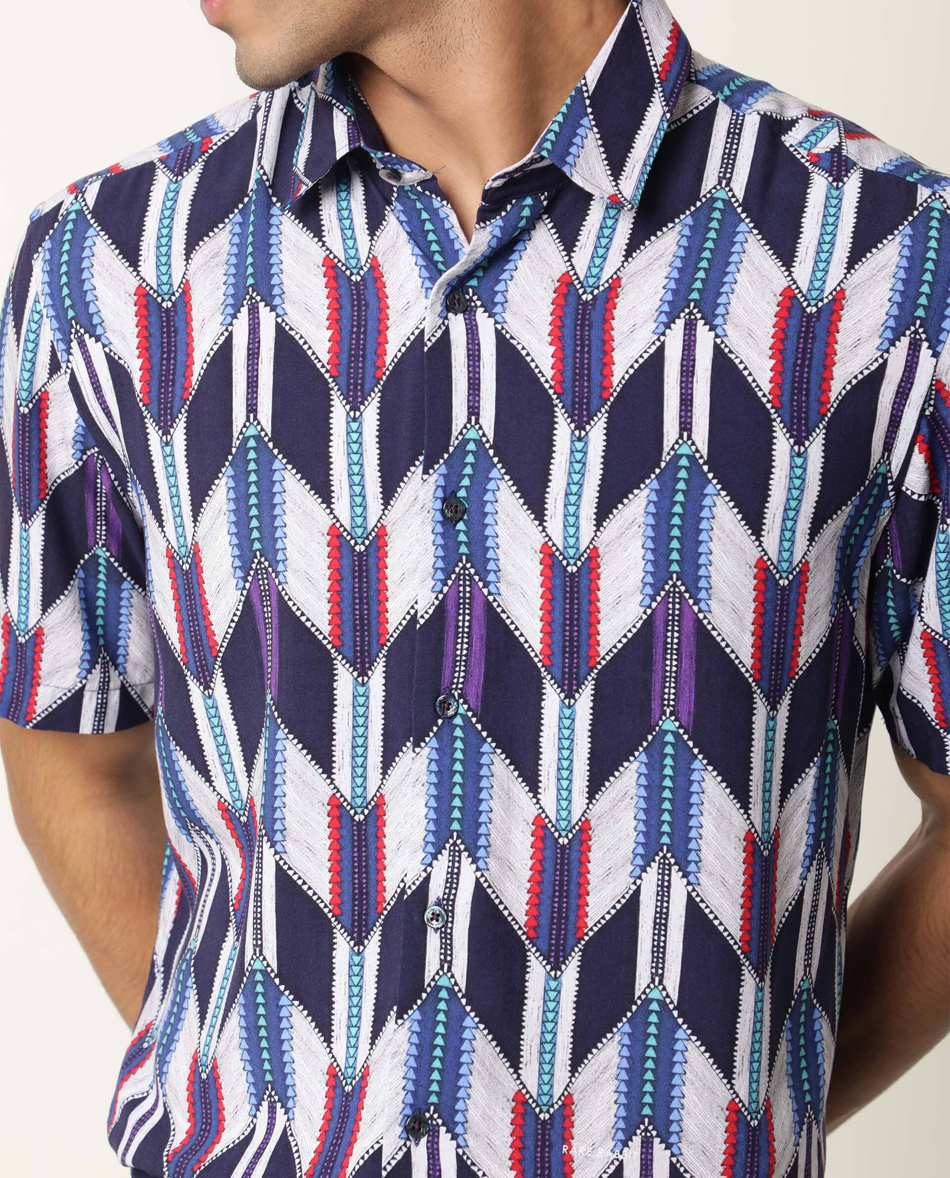 Rare Rabbit Men's Cato Navy Viscose Printed Regular Fit Half Sleeve Collared Shirt - Image 6