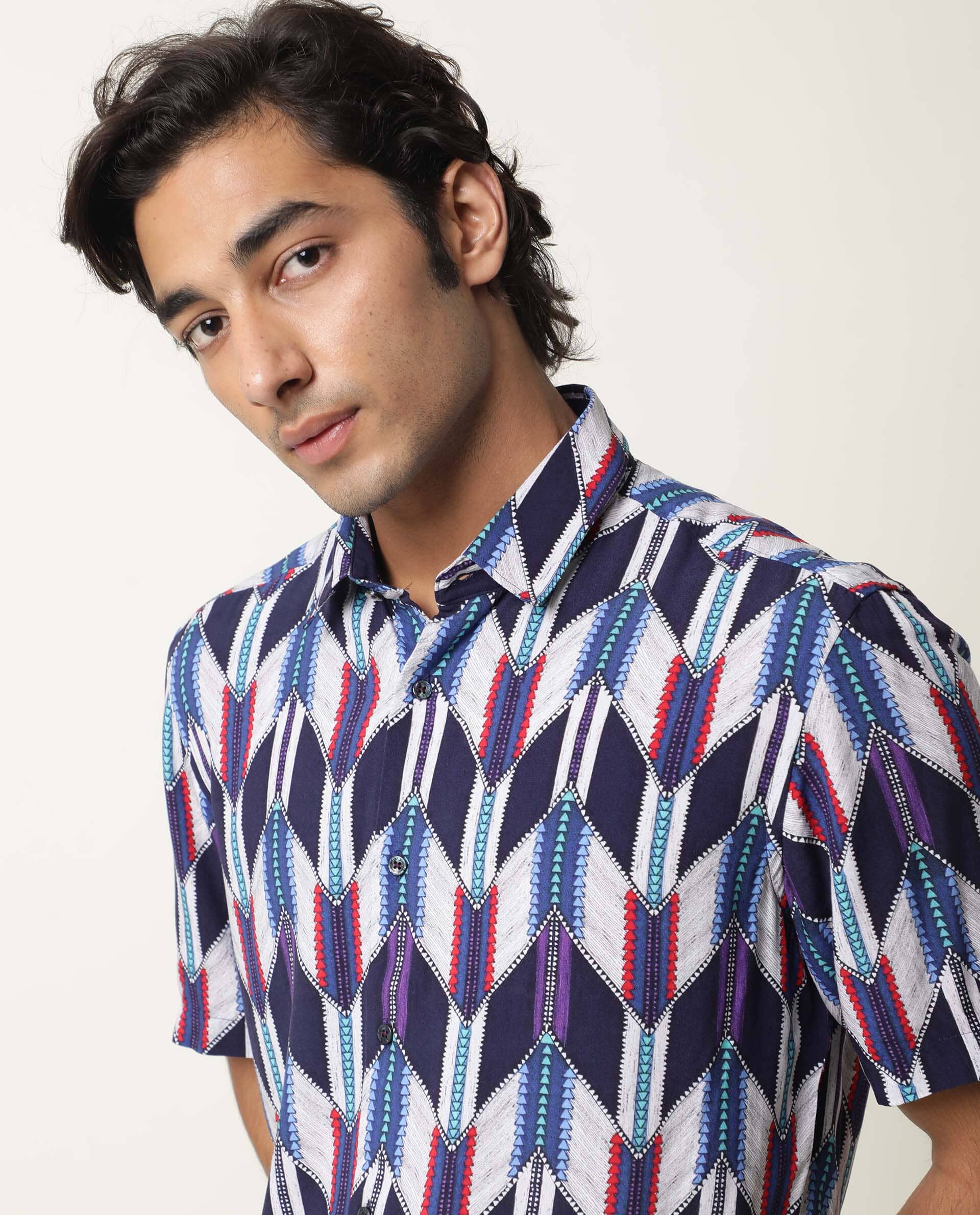 Rare Rabbit Men's Cato Navy Viscose Printed Regular Fit Half Sleeve Collared Shirt - Image 7