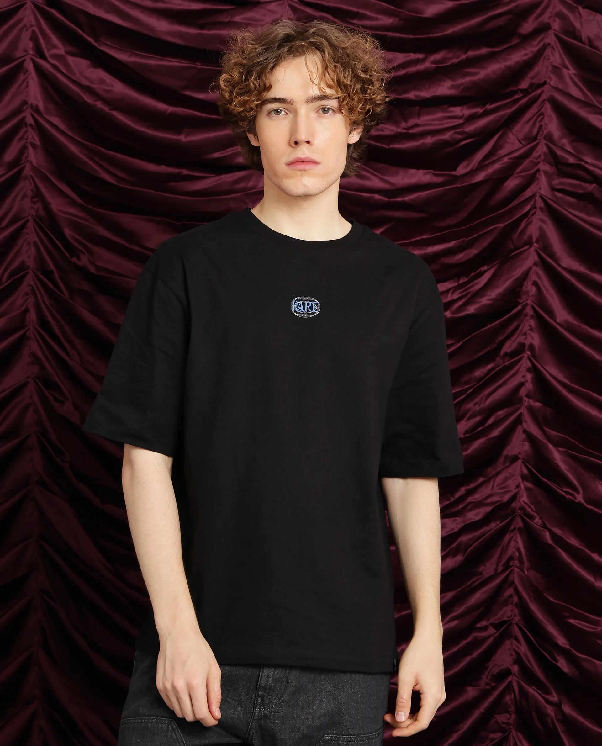 Rare Rabbit Men's Cato Black Cotton Graphic Print Oversized Fit Half Sleeve Crew Neck T-Shirt - Image 3