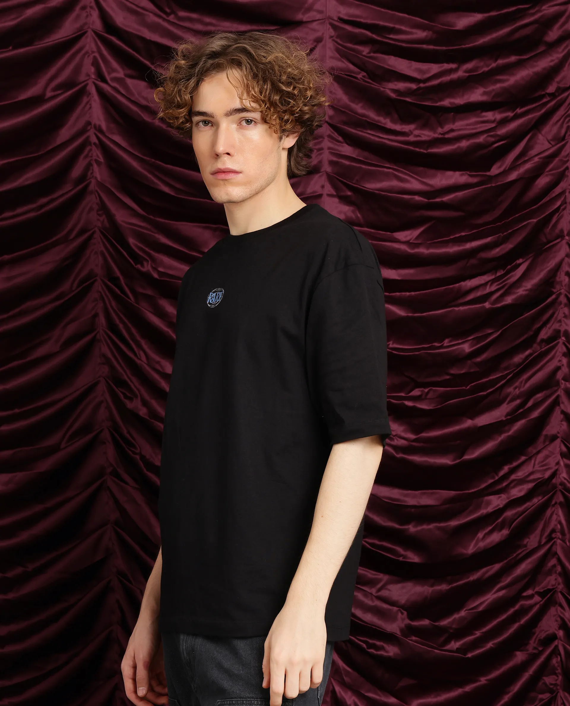 Rare Rabbit Men's Cato Black Cotton Graphic Print Oversized Fit Half Sleeve Crew Neck T-Shirt - Image 4