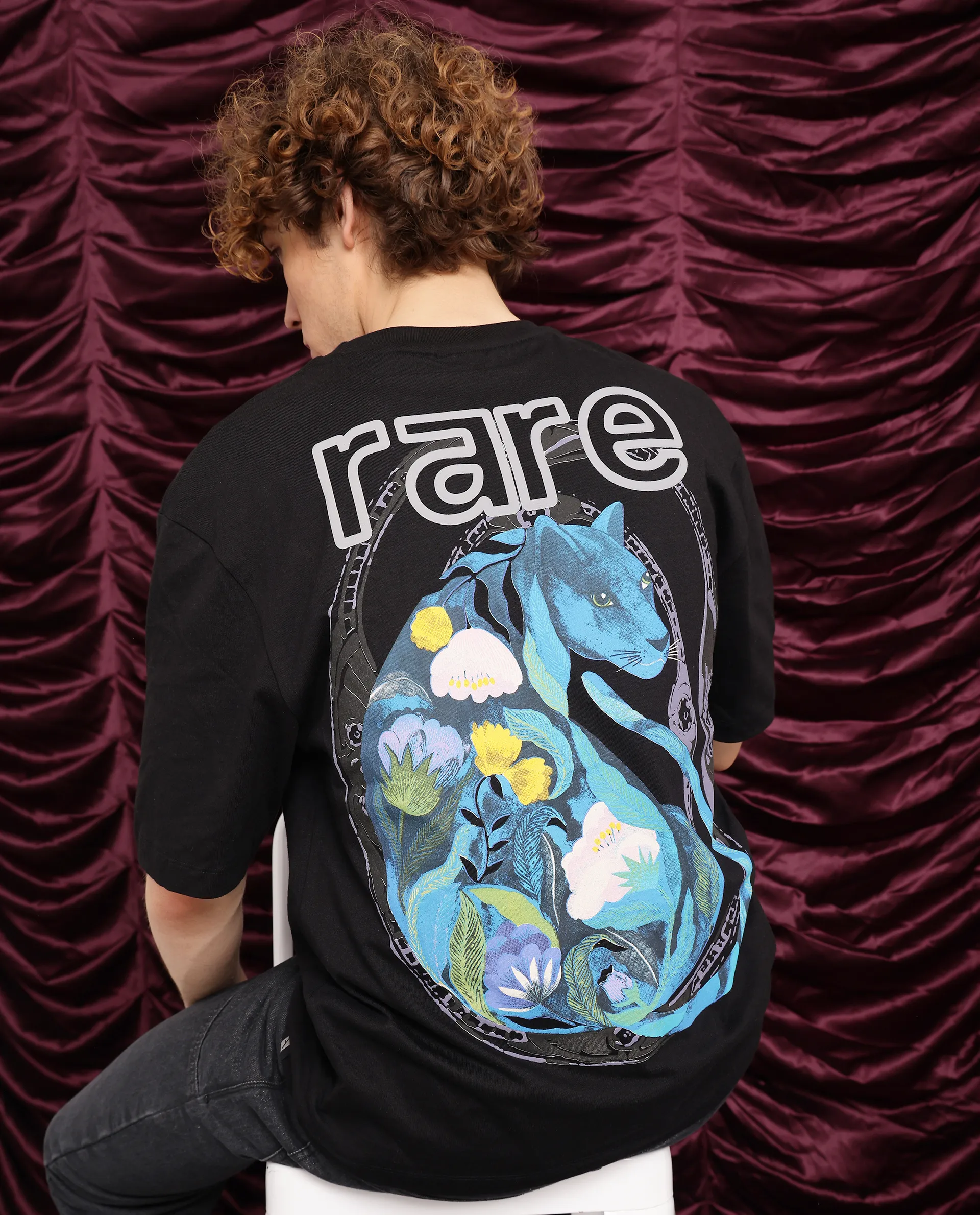 Rare Rabbit Men's Cato Black Cotton Graphic Print Oversized Fit Half Sleeve Crew Neck T-Shirt - Image 5