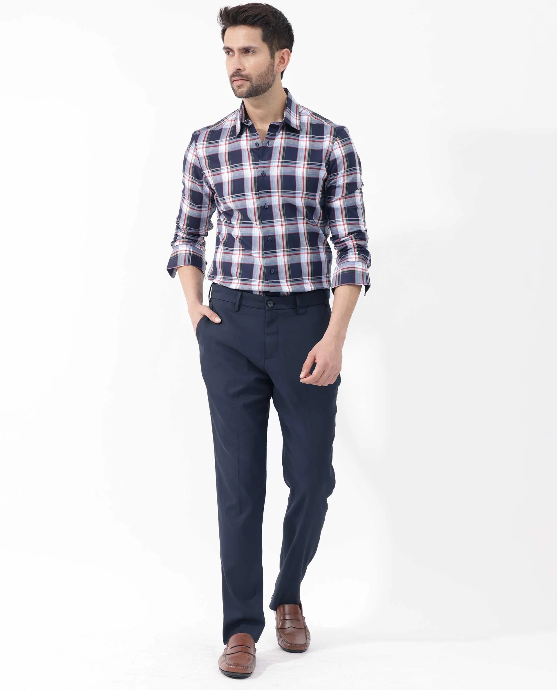 Rare Rabbit Men's Caton Navy Cotton Checked Print Regular Fit Full Sleeve Spread Collar Shirt - Image 2
