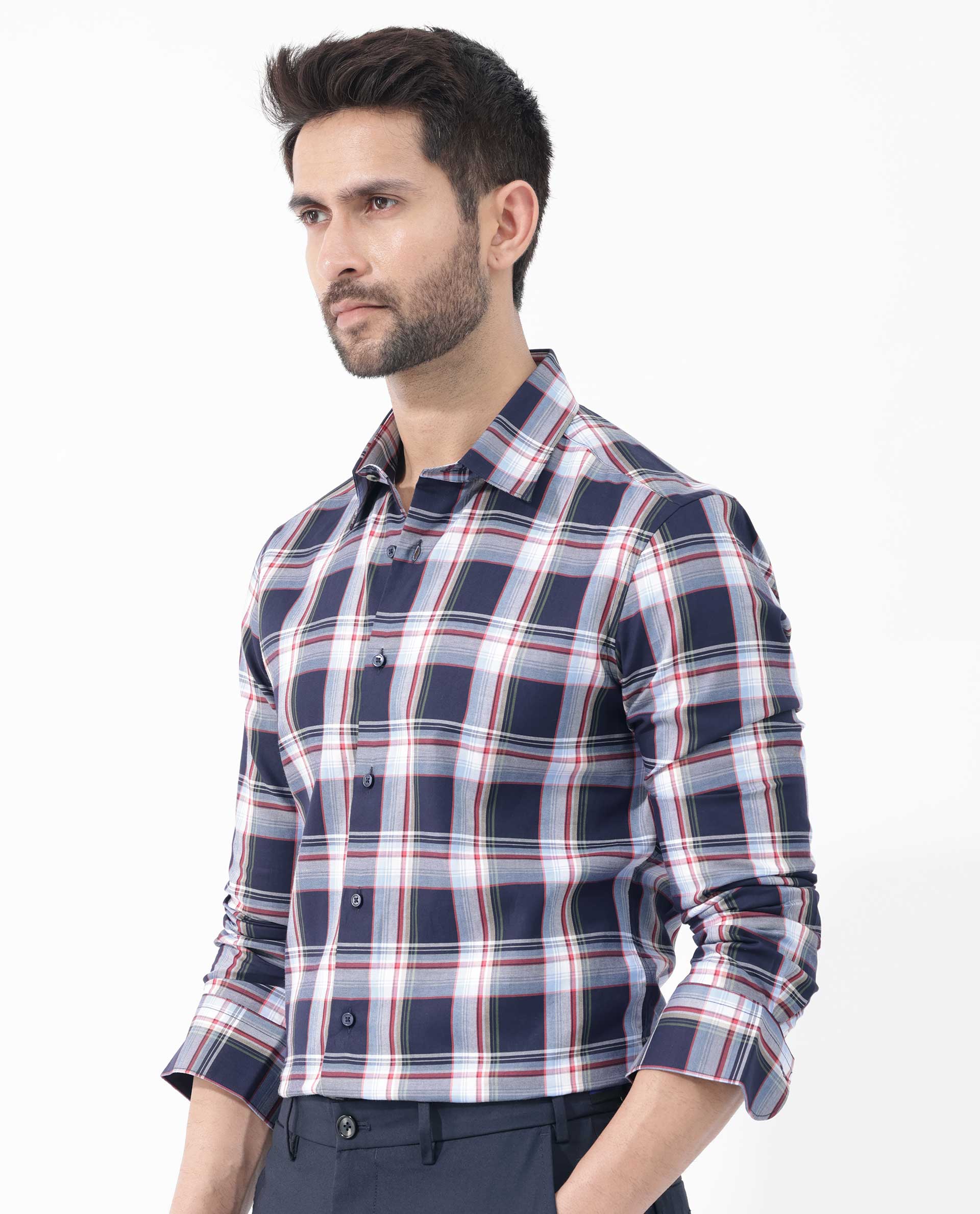 Rare Rabbit Men's Caton Navy Cotton Checked Print Regular Fit Full Sleeve Spread Collar Shirt - Image 3