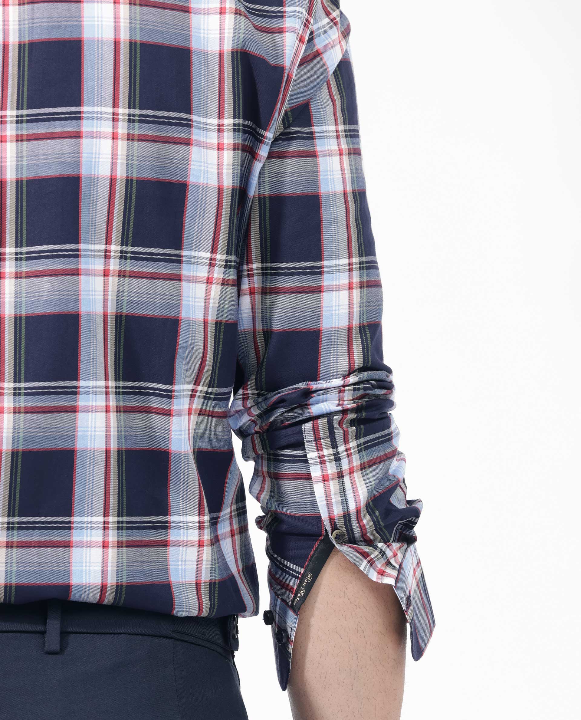 Rare Rabbit Men's Caton Navy Cotton Checked Print Regular Fit Full Sleeve Spread Collar Shirt - Image 4