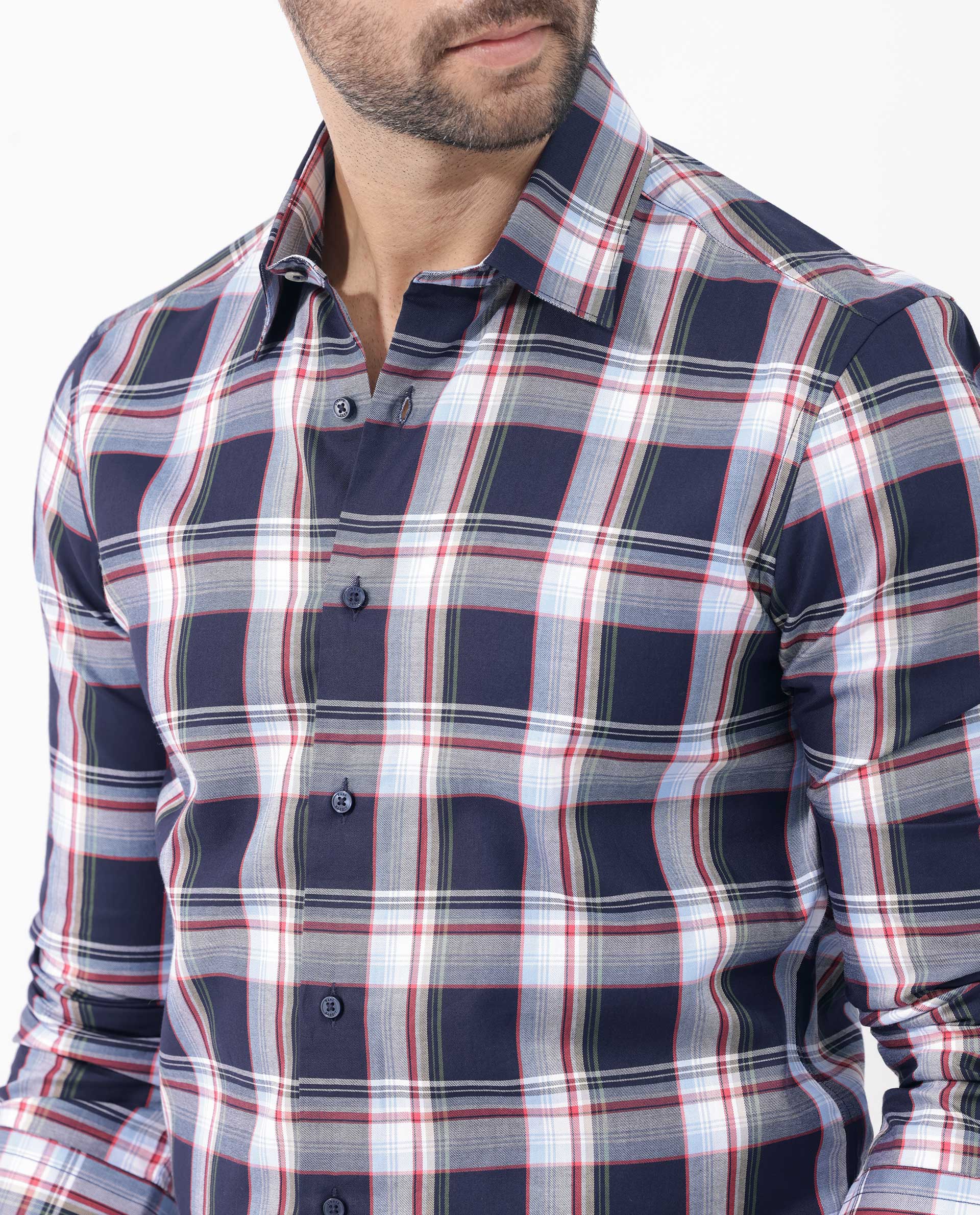 Rare Rabbit Men's Caton Navy Cotton Checked Print Regular Fit Full Sleeve Spread Collar Shirt - Image 5