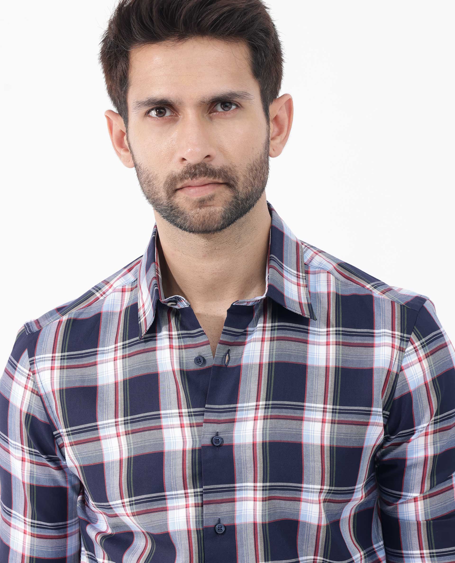 Rare Rabbit Men's Caton Navy Cotton Checked Print Regular Fit Full Sleeve Spread Collar Shirt - Image 6