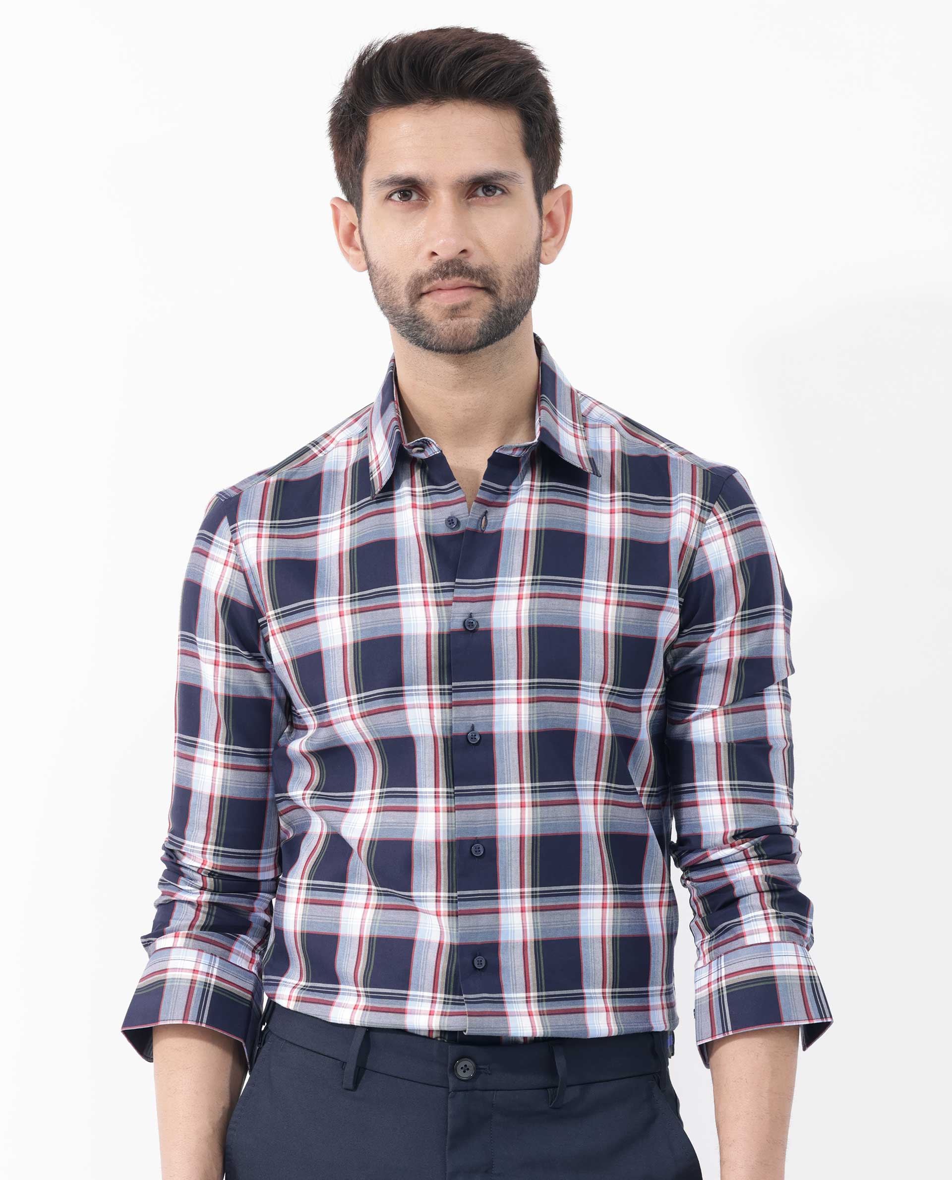 Rare Rabbit Men's Caton Navy Cotton Checked Print Regular Fit Full Sleeve Spread Collar Shirt - Image 7