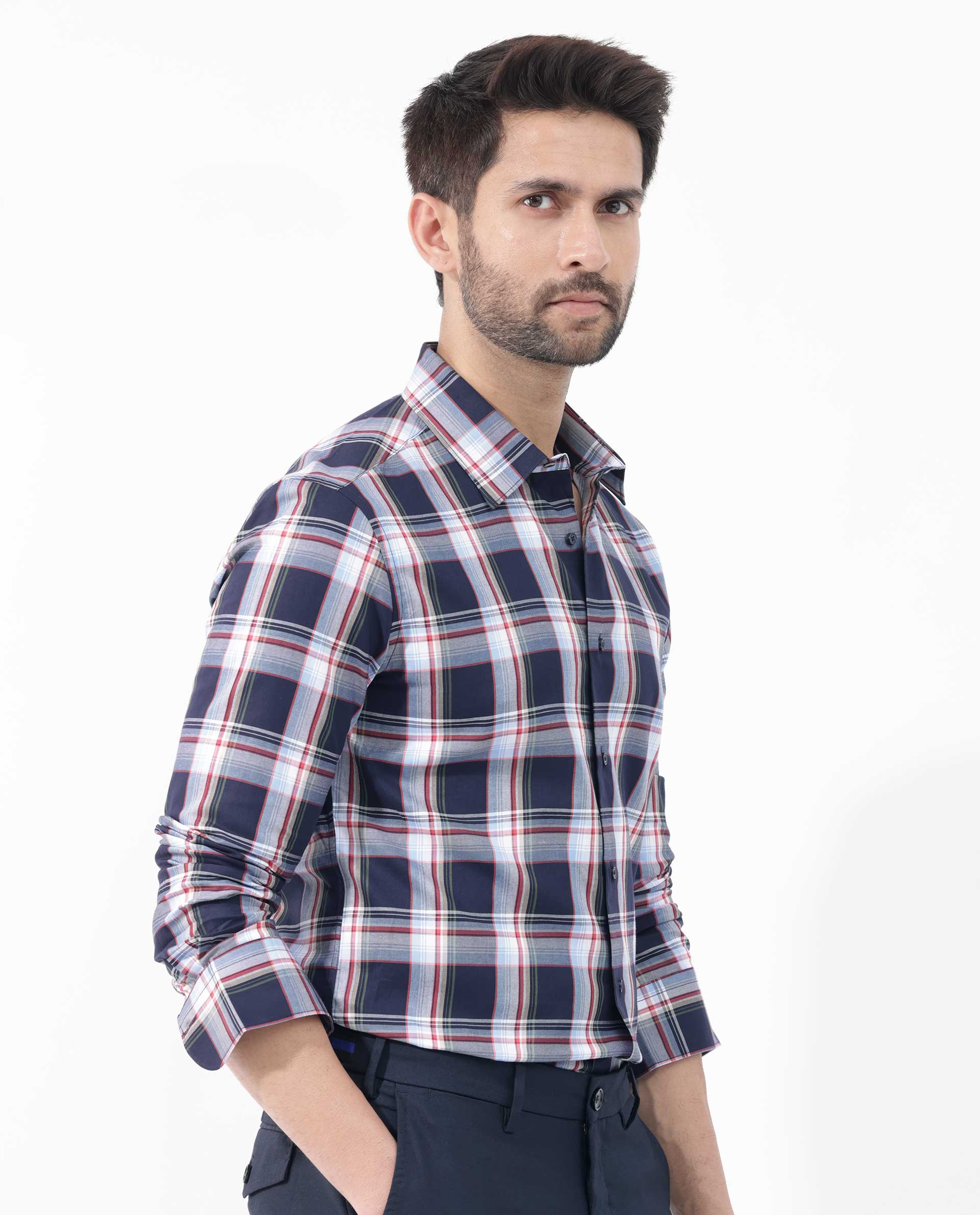 Rare Rabbit Men's Caton Navy Cotton Checked Print Regular Fit Full Sleeve Spread Collar Shirt - Image 8