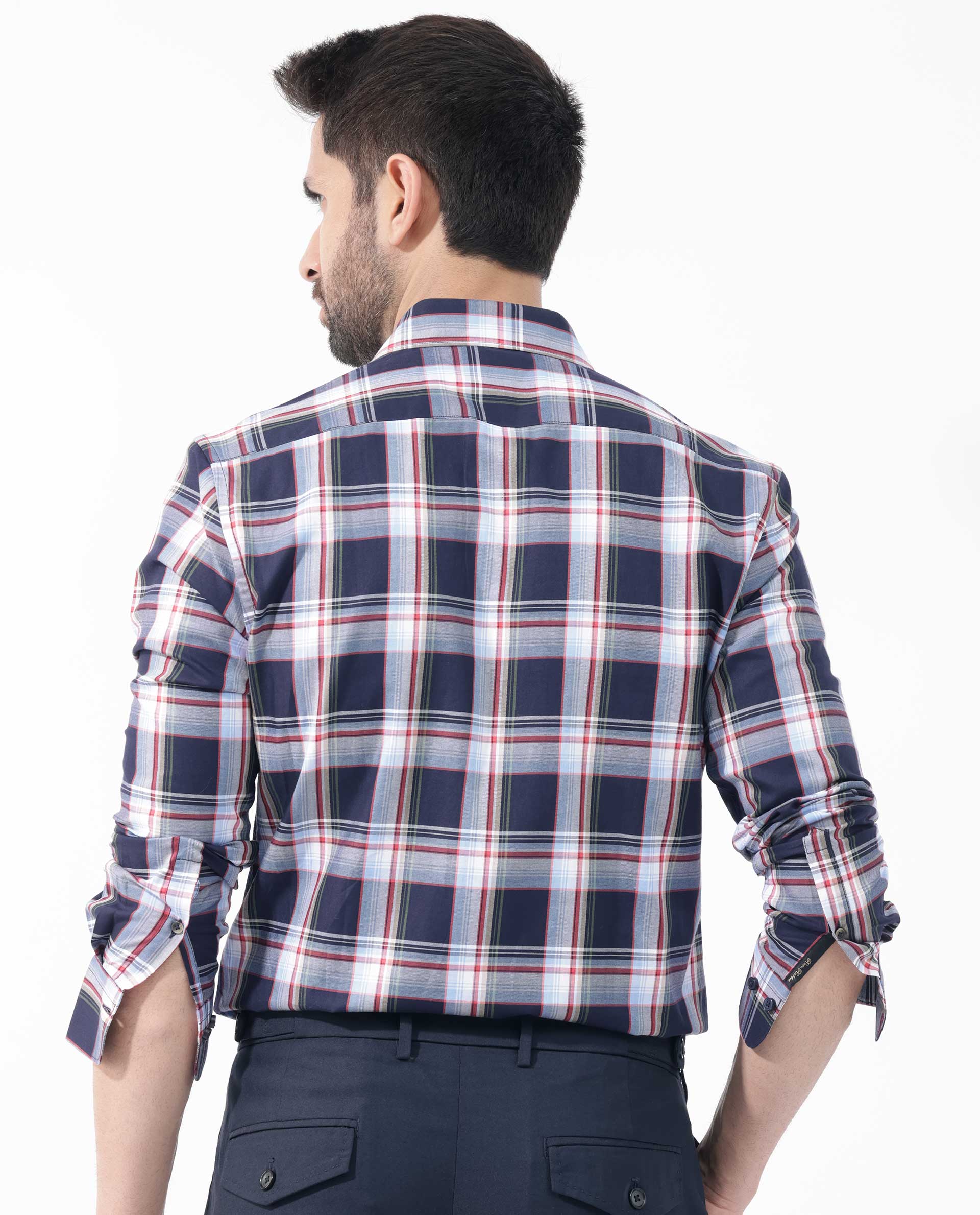 Rare Rabbit Men's Caton Navy Cotton Checked Print Regular Fit Full Sleeve Spread Collar Shirt - Image 9
