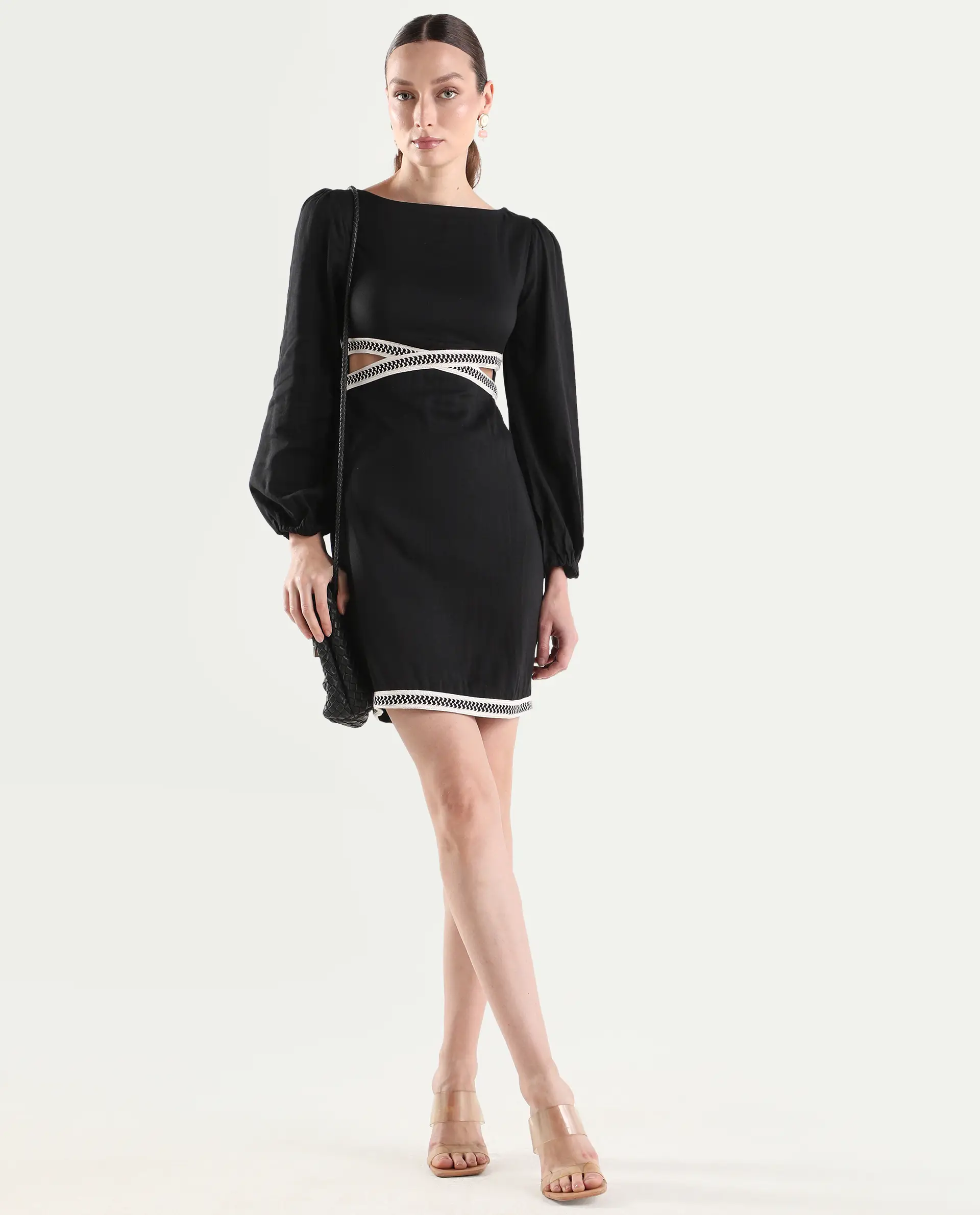 Rareism Women's Catya Black Cotton Blend Full Sleeve Bodycon Plain Dress - Image 2