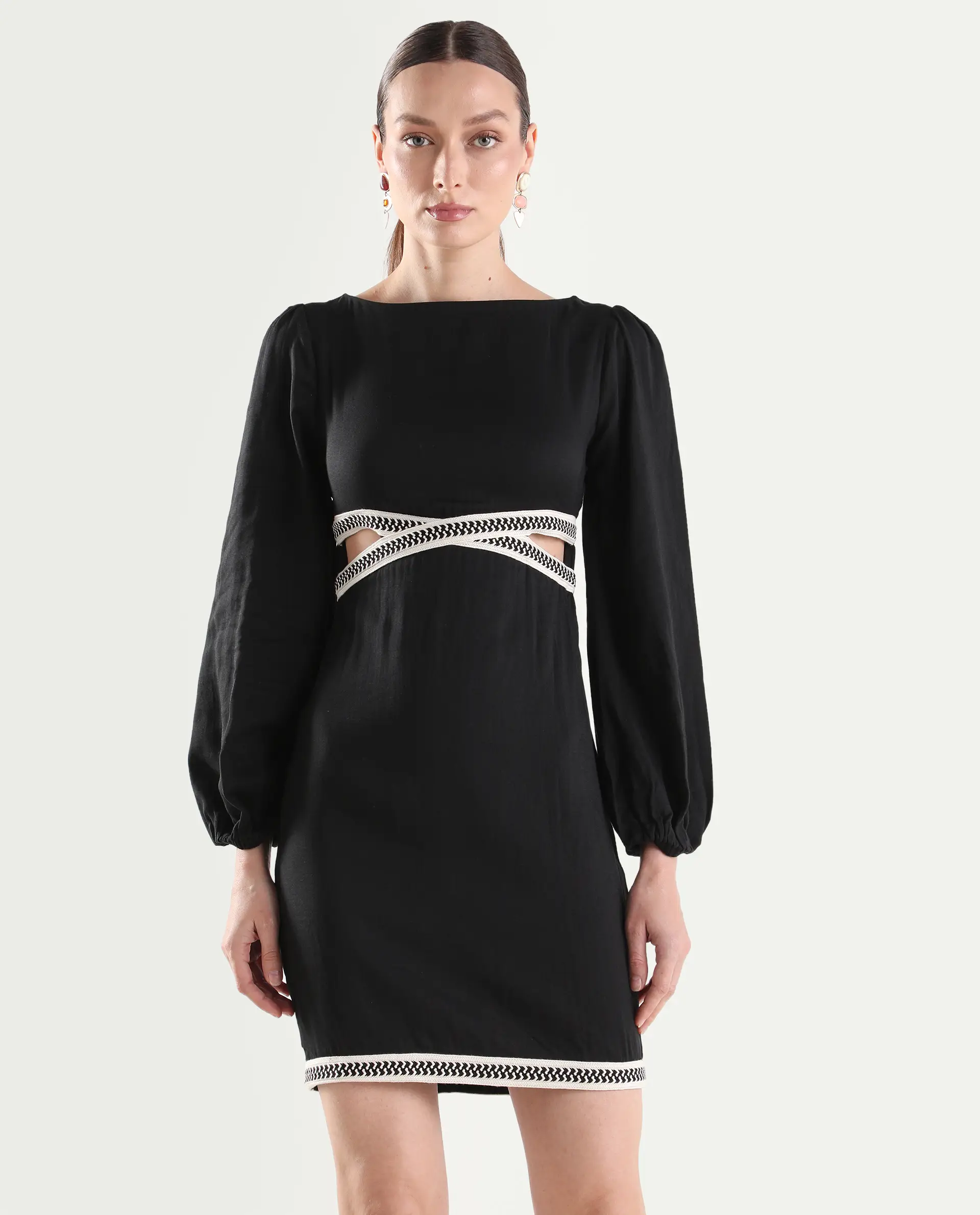 Rareism Women's Catya Black Cotton Blend Full Sleeve Bodycon Plain Dress - Image 3