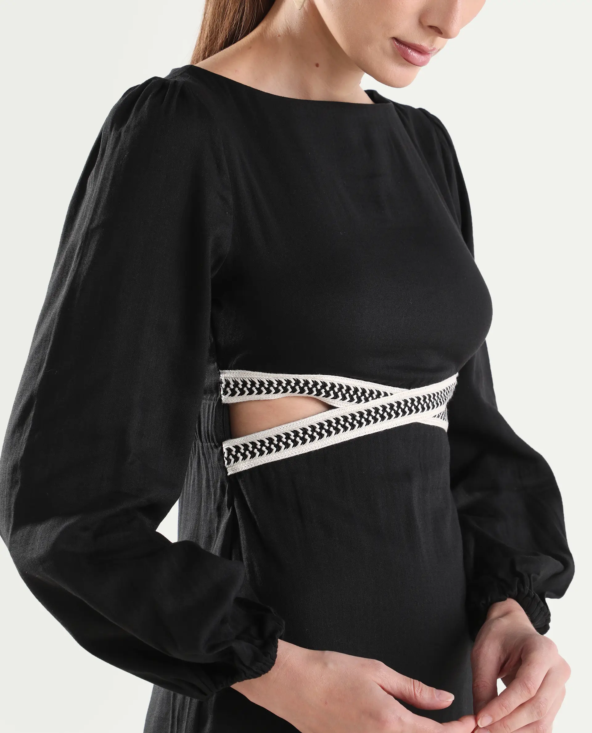 Rareism Women's Catya Black Cotton Blend Full Sleeve Bodycon Plain Dress - Image 4