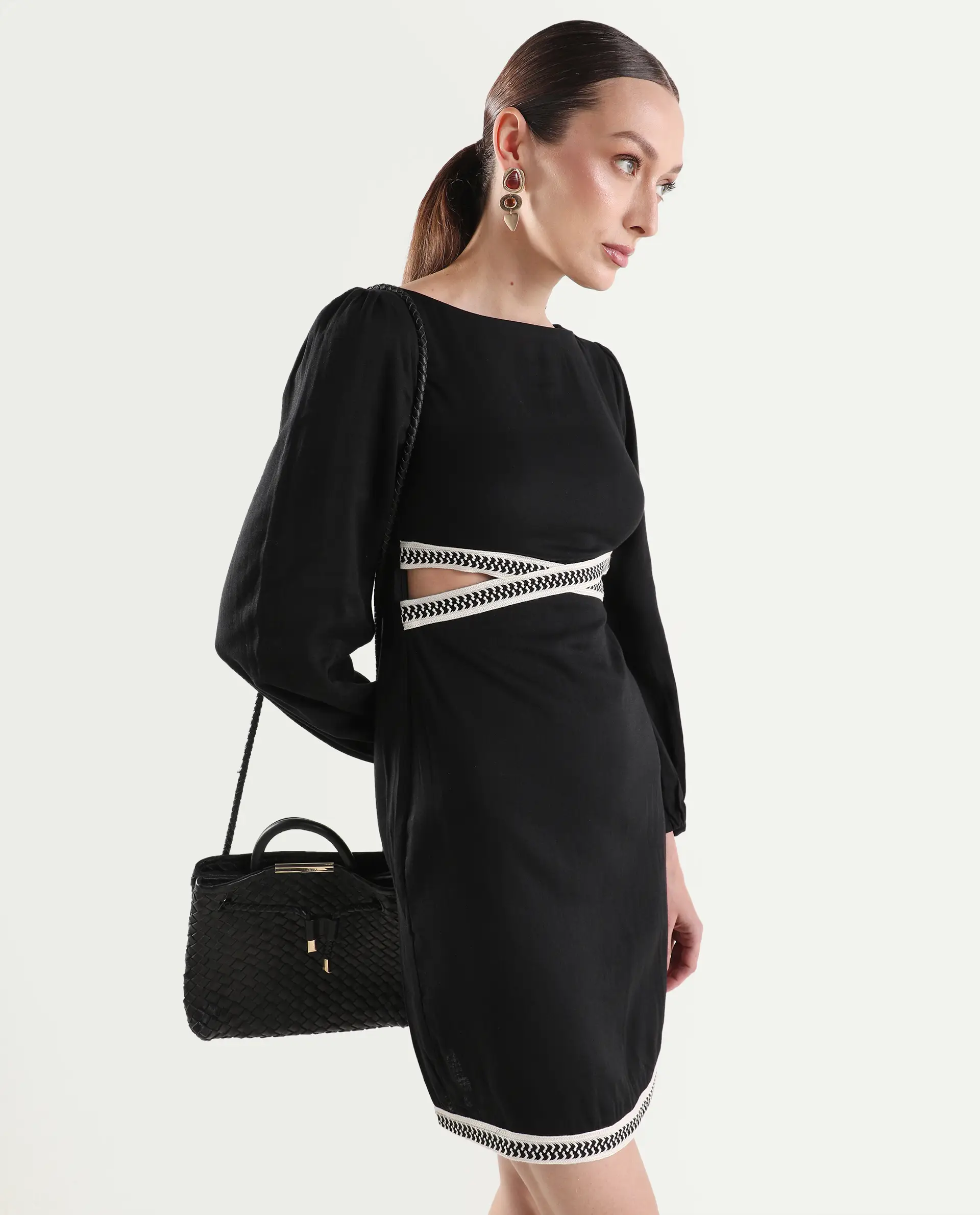Rareism Women's Catya Black Cotton Blend Full Sleeve Bodycon Plain Dress - Image 5
