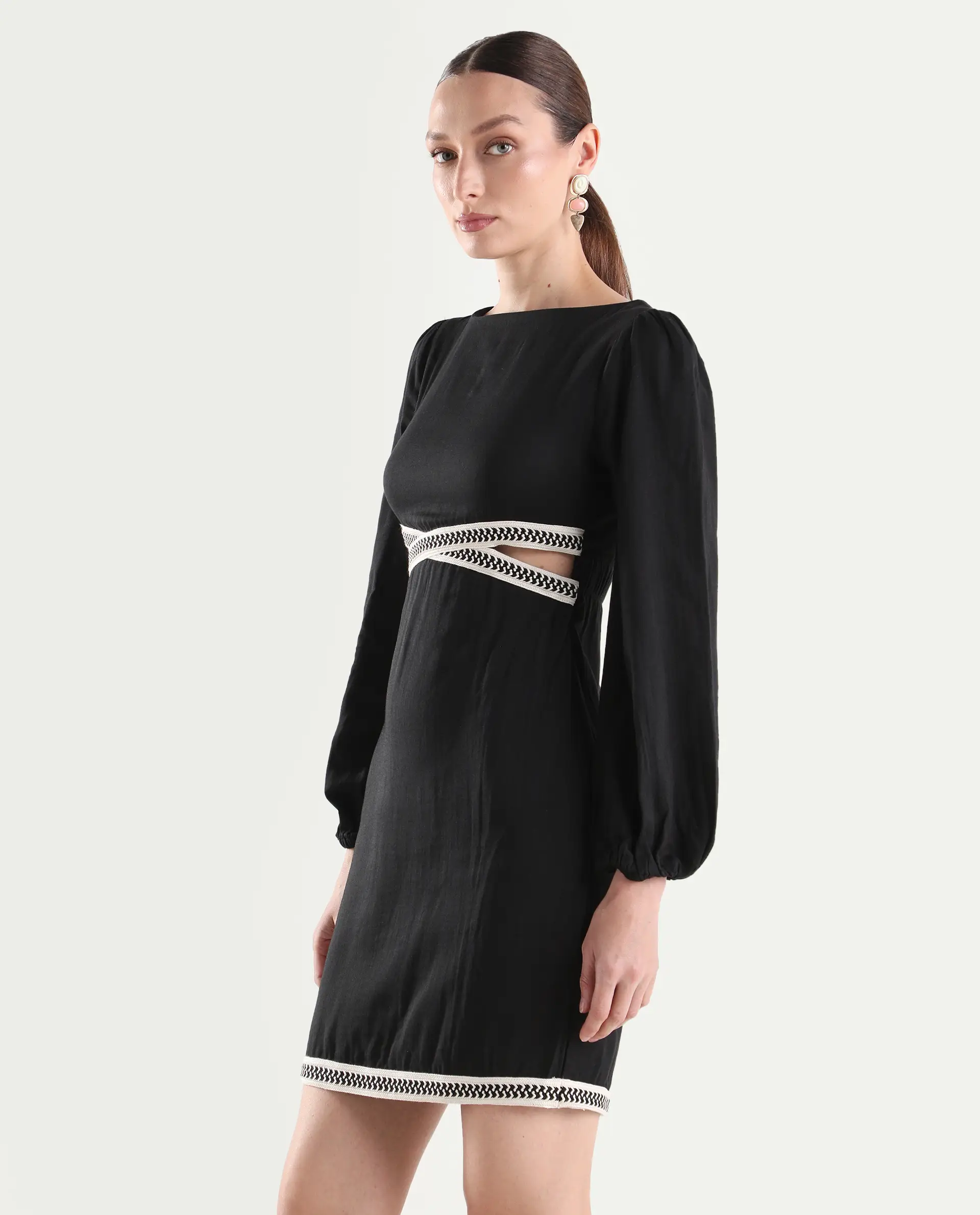 Rareism Women's Catya Black Cotton Blend Full Sleeve Bodycon Plain Dress - Image 6