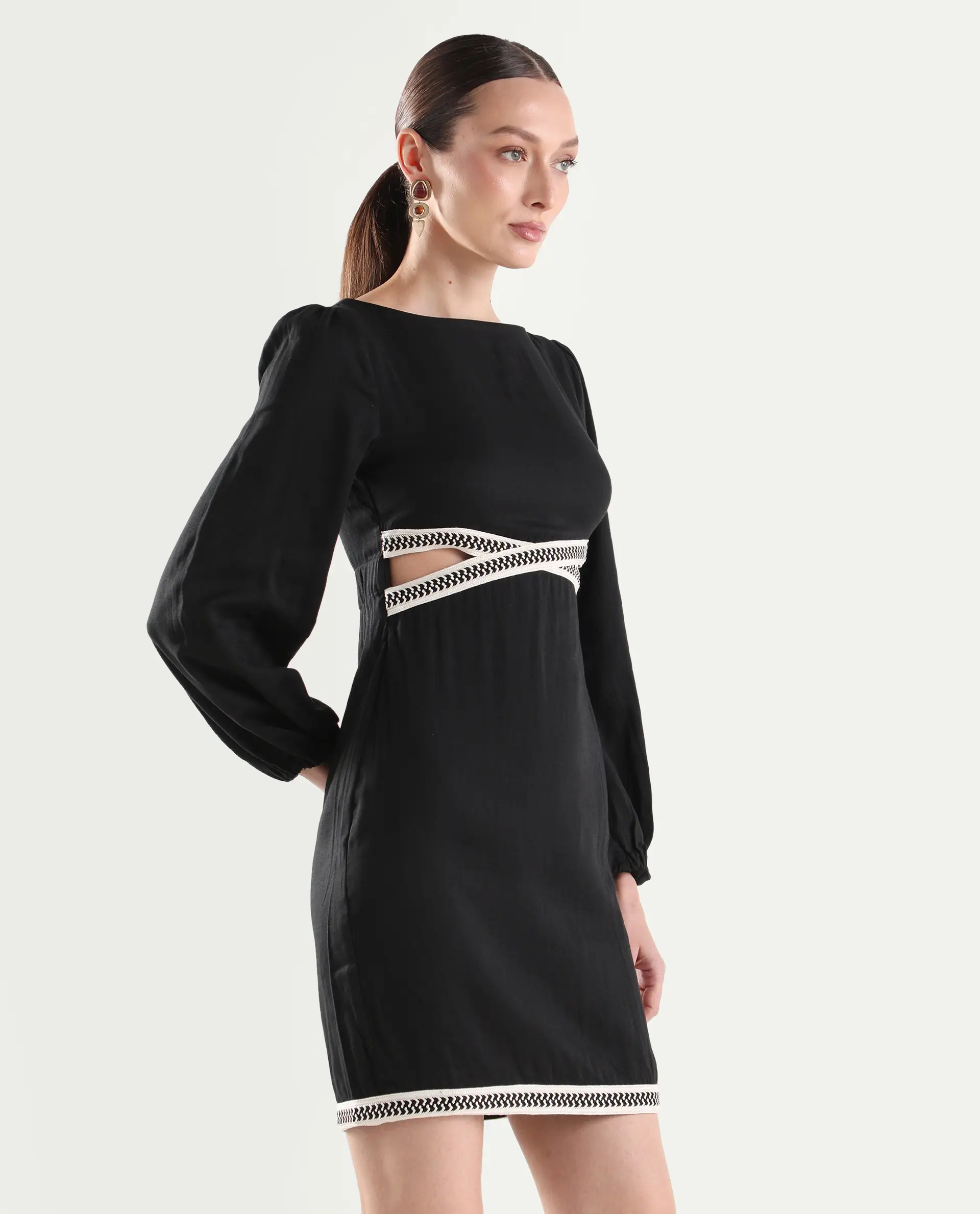 Rareism Women's Catya Black Cotton Blend Full Sleeve Bodycon Plain Dress - Image 7