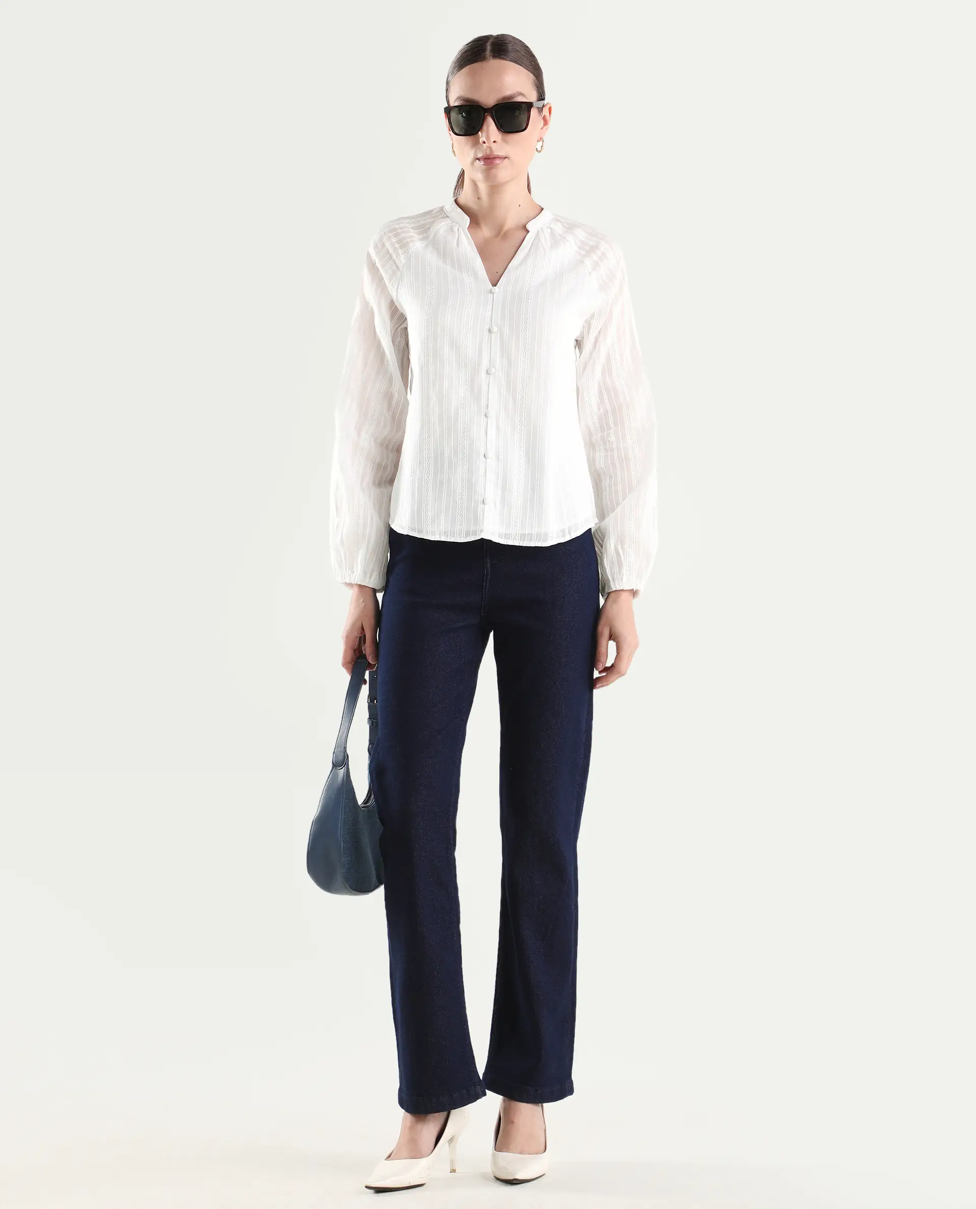 Rareism Women's Cava White Cotton Full Sleeve Regular Fit Plain Top - Image 2