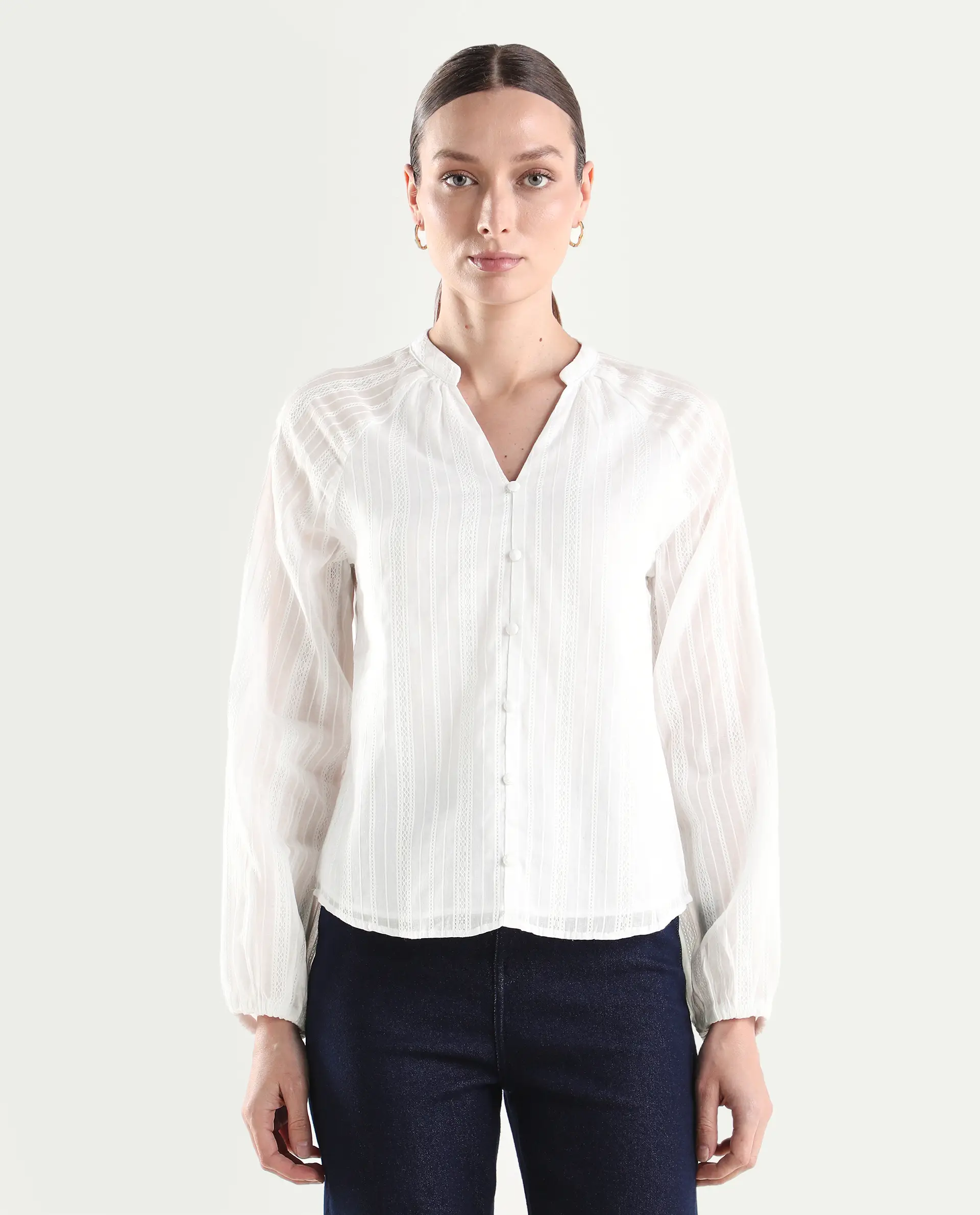 Rareism Women's Cava White Cotton Full Sleeve Regular Fit Plain Top - Image 3