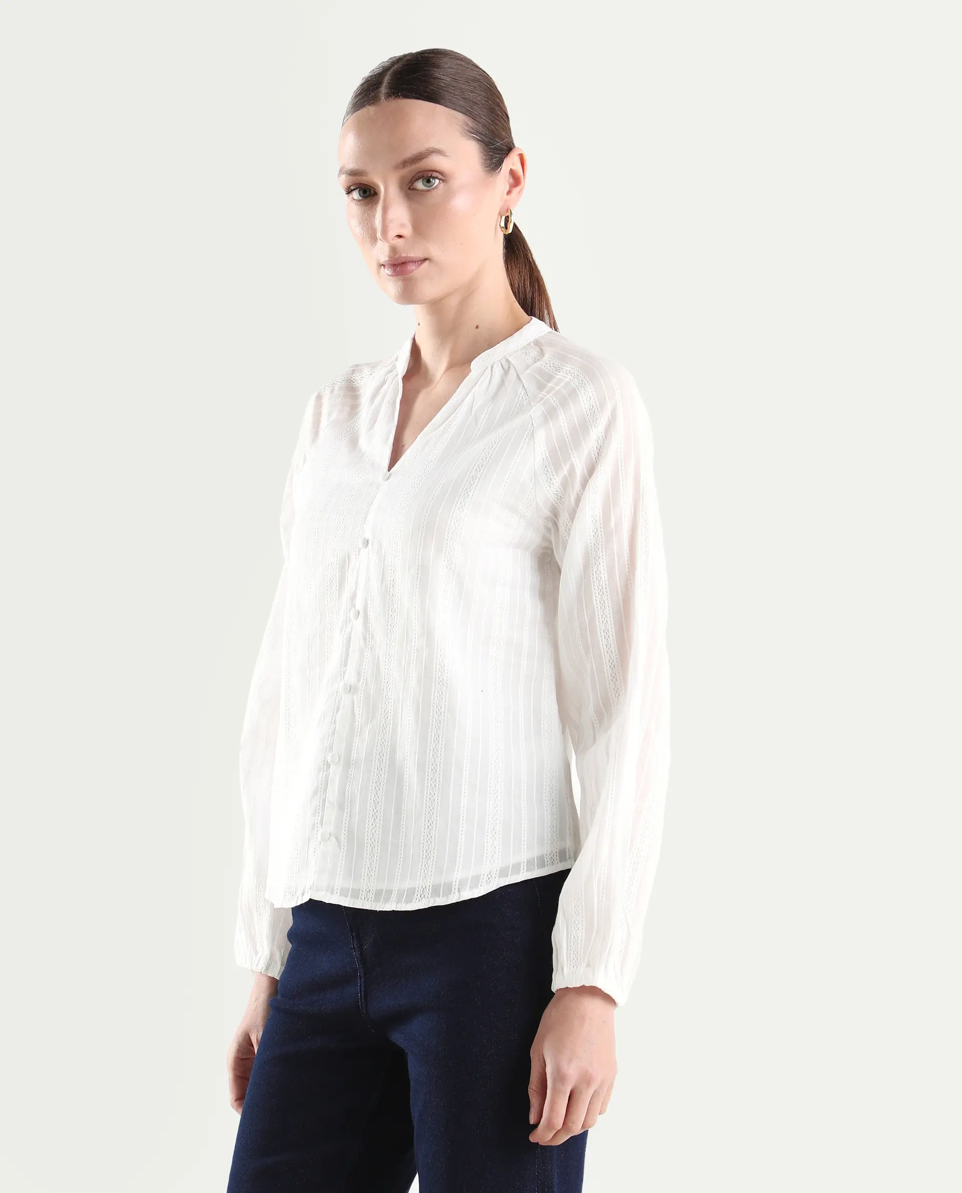 Rareism Women's Cava White Cotton Full Sleeve Regular Fit Plain Top - Image 5