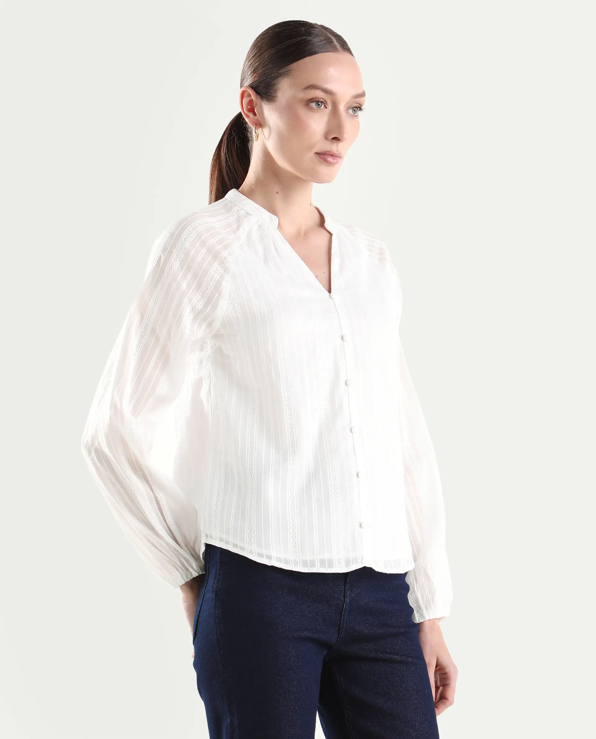 Rareism Women's Cava White Cotton Full Sleeve Regular Fit Plain Top - Image 6