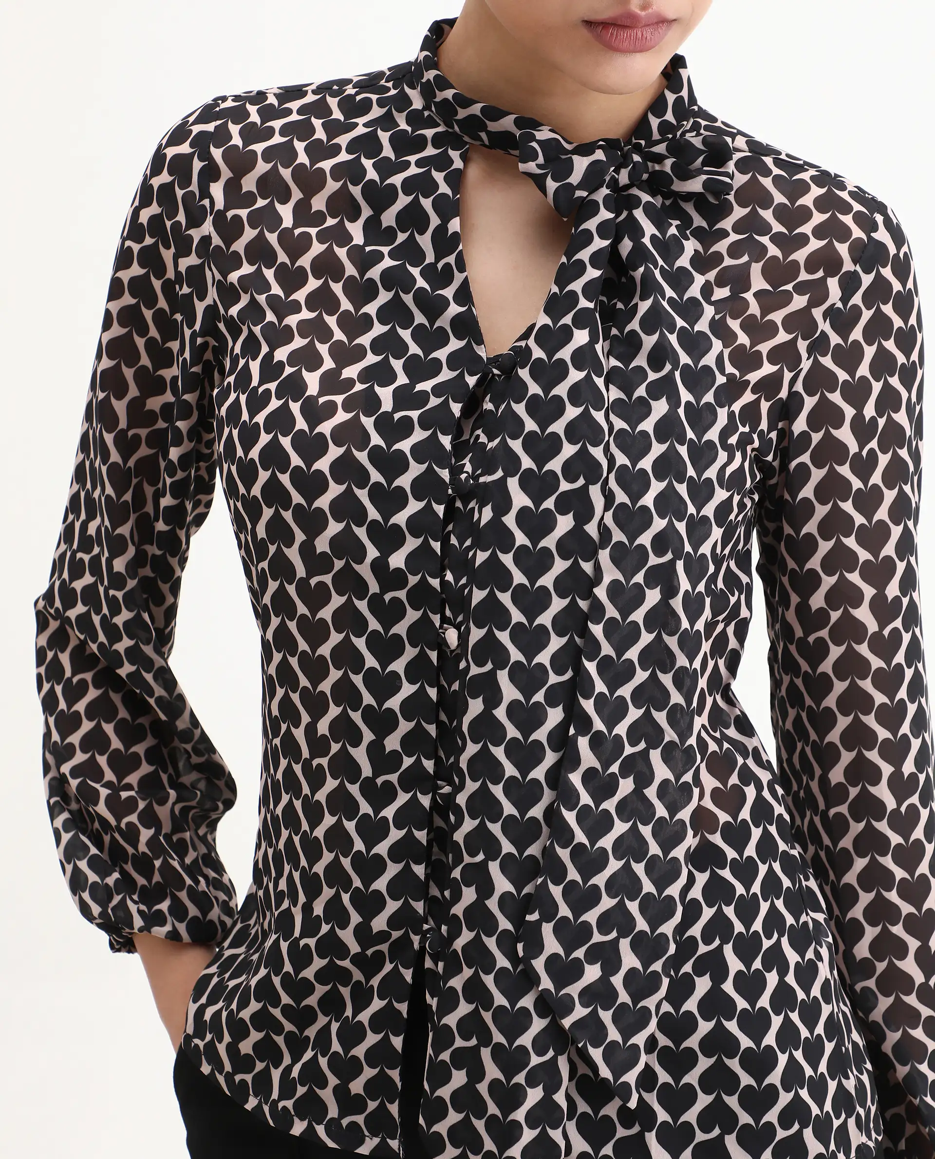 Rareism Women's Cavoi Multi Cotton Blend Tie-Up Neck Abstract Print Cuffed Sleeve Regular Fit Top - Image 3