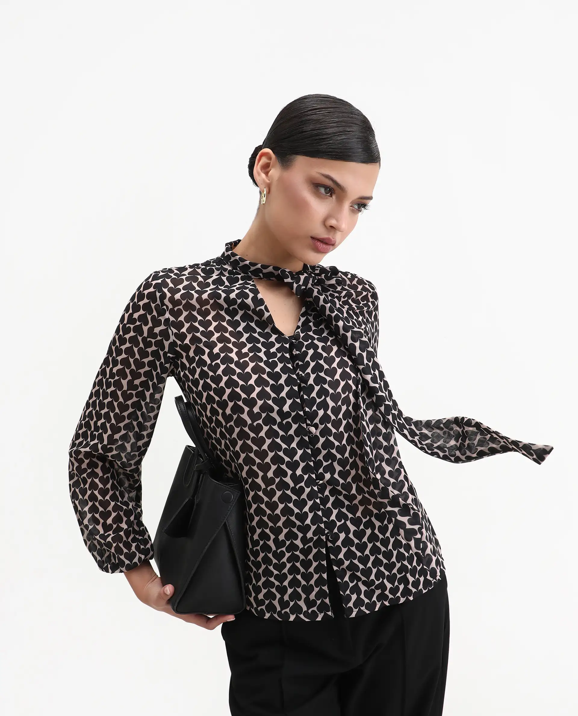 Rareism Women's Cavoi Multi Cotton Blend Tie-Up Neck Abstract Print Cuffed Sleeve Regular Fit Top - Image 4