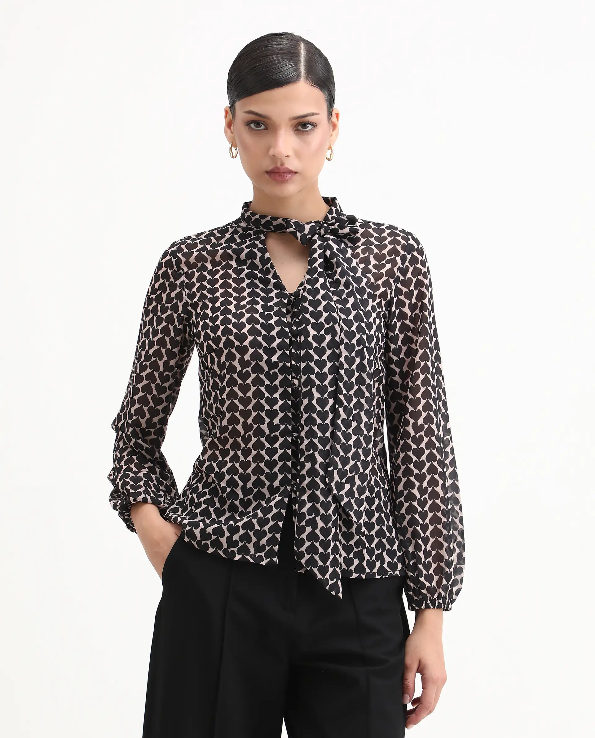 Rareism Women's Cavoi Multi Cotton Blend Tie-Up Neck Abstract Print Cuffed Sleeve Regular Fit Top - Image 5
