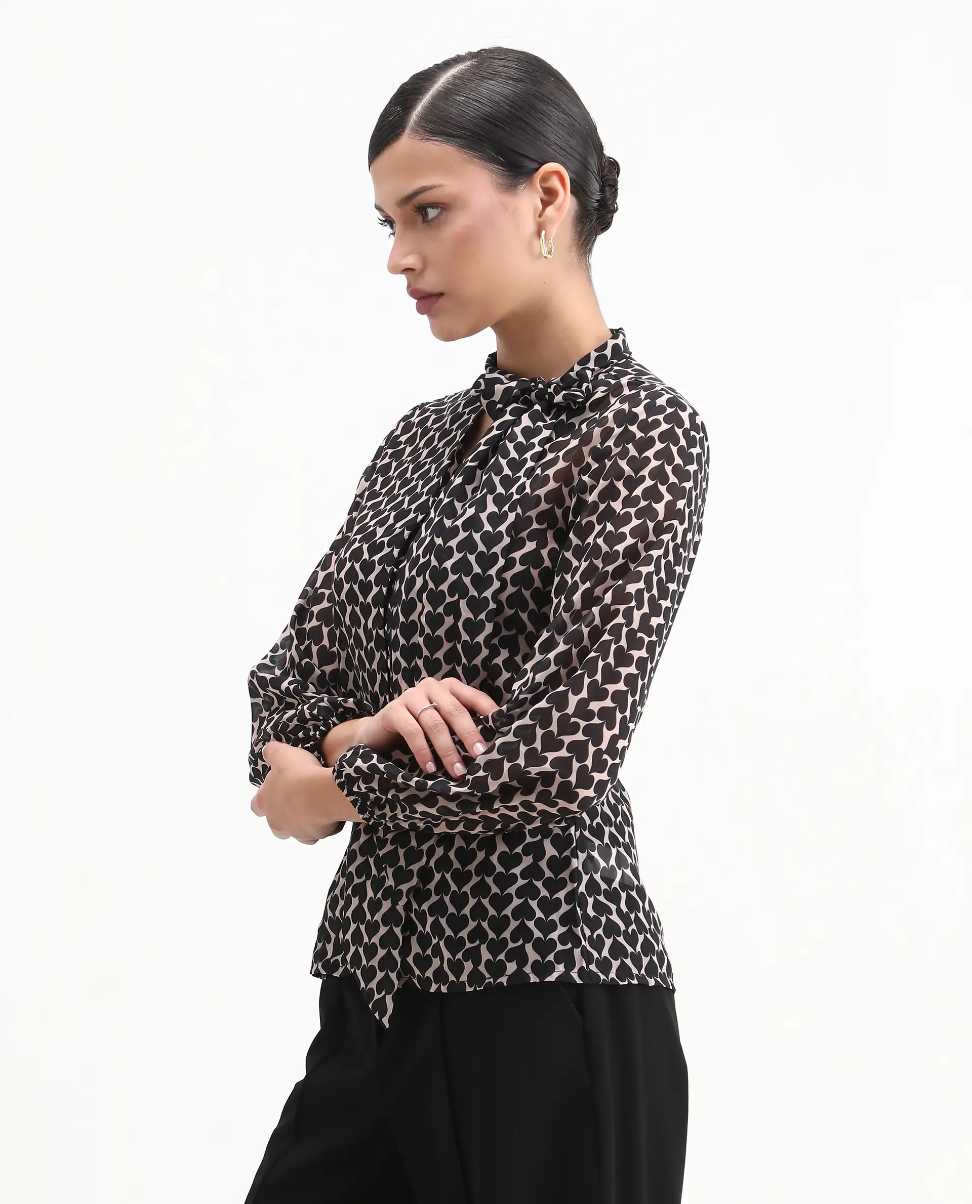 Rareism Women's Cavoi Multi Cotton Blend Tie-Up Neck Abstract Print Cuffed Sleeve Regular Fit Top - Image 6