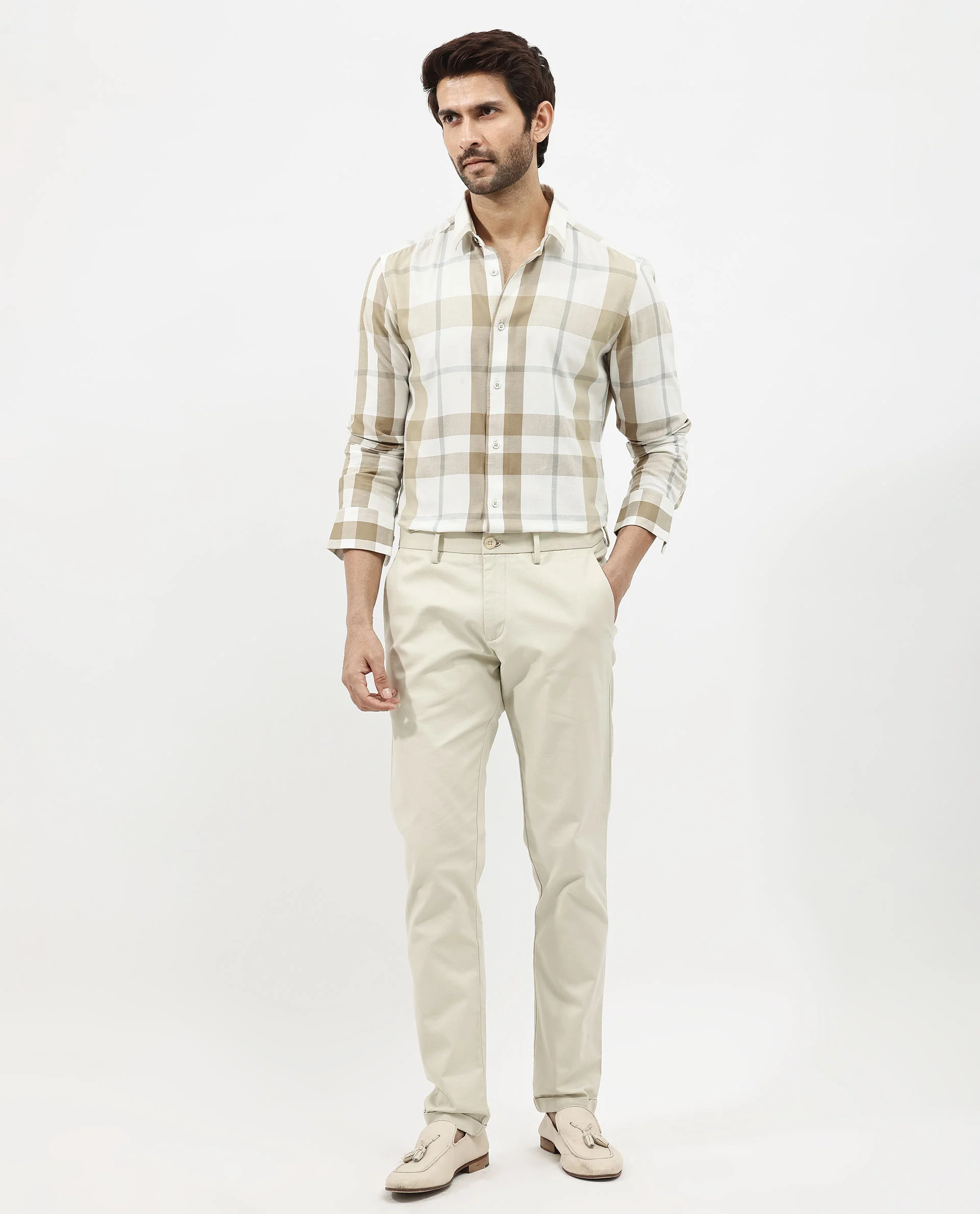 Rare Rabbit Men's Cavours Beige Cotton Checked Print Regular Fit Full Sleeve Collared Shirt - Image 2