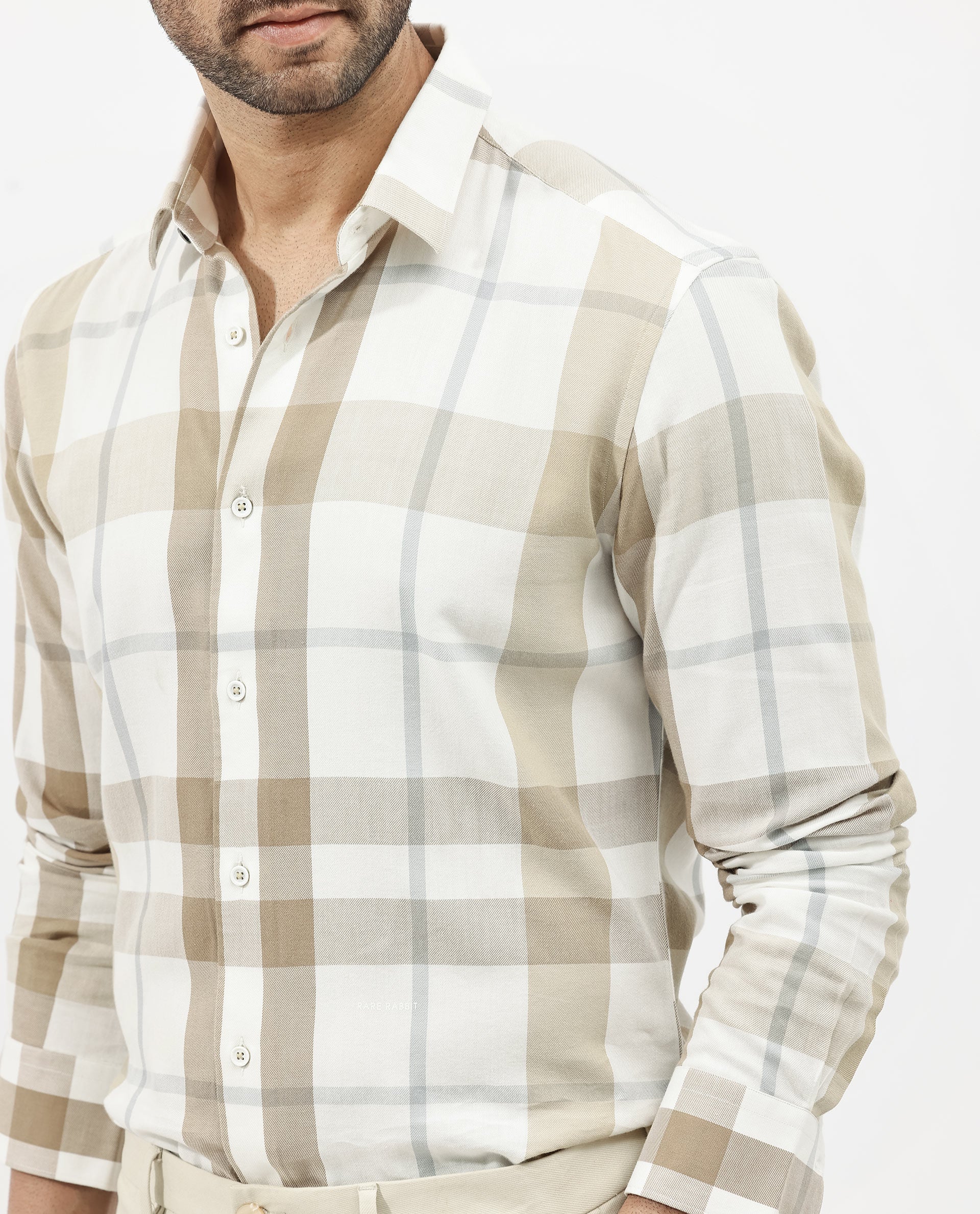Rare Rabbit Men's Cavours Beige Cotton Checked Print Regular Fit Full Sleeve Collared Shirt - Image 5
