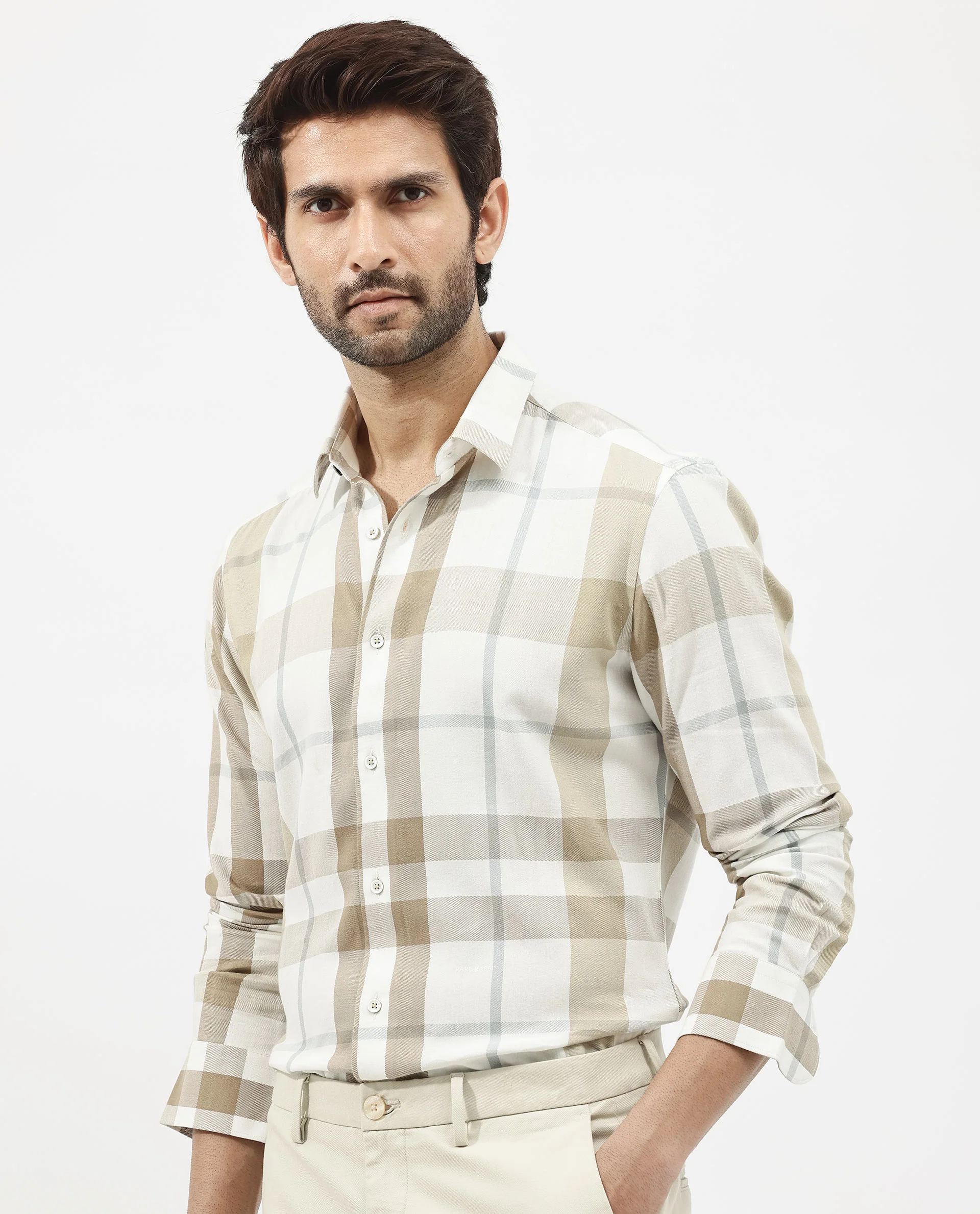 Rare Rabbit Men's Cavours Beige Cotton Checked Print Regular Fit Full Sleeve Collared Shirt - Image 7