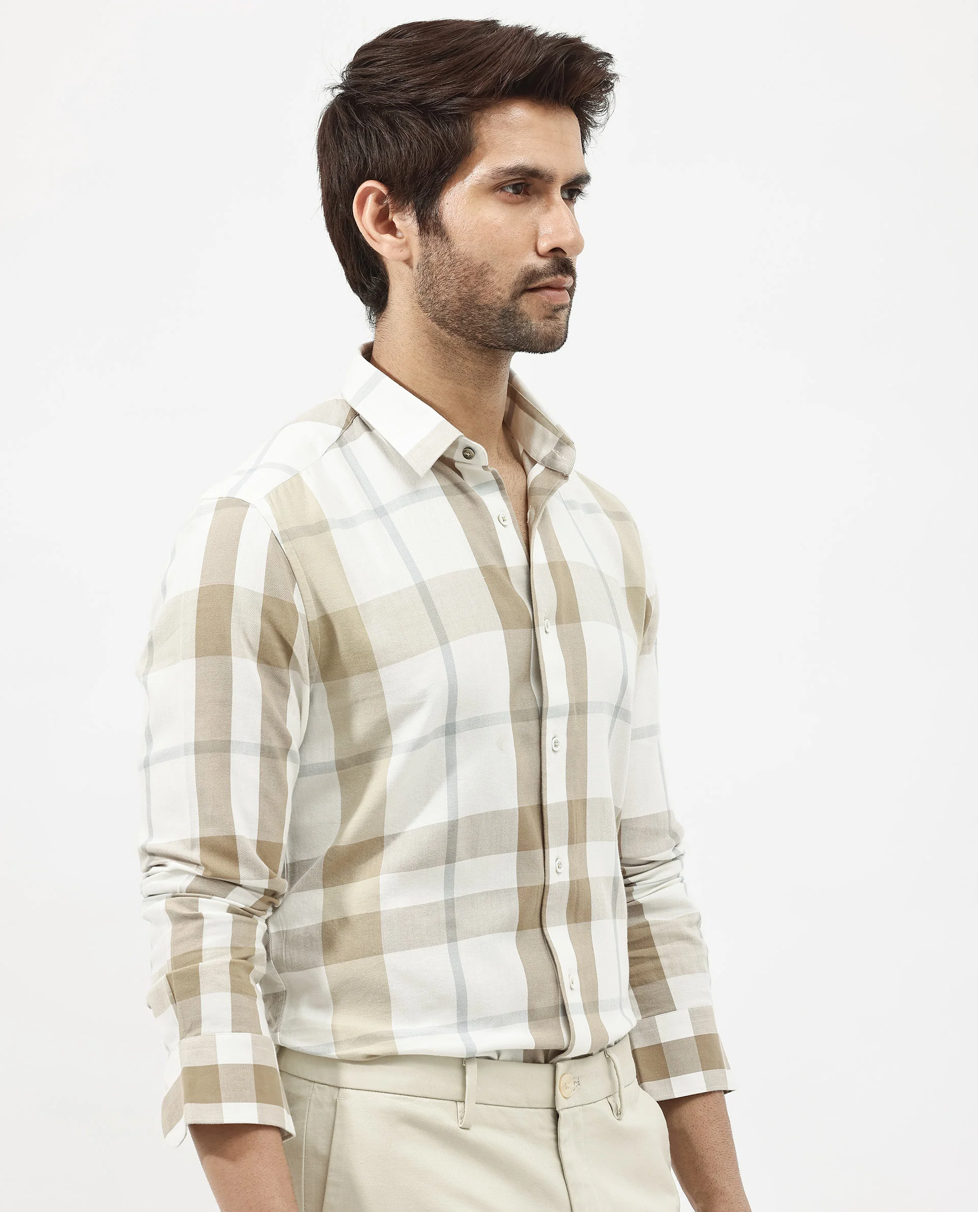 Rare Rabbit Men's Cavours Beige Cotton Checked Print Regular Fit Full Sleeve Collared Shirt - Image 8