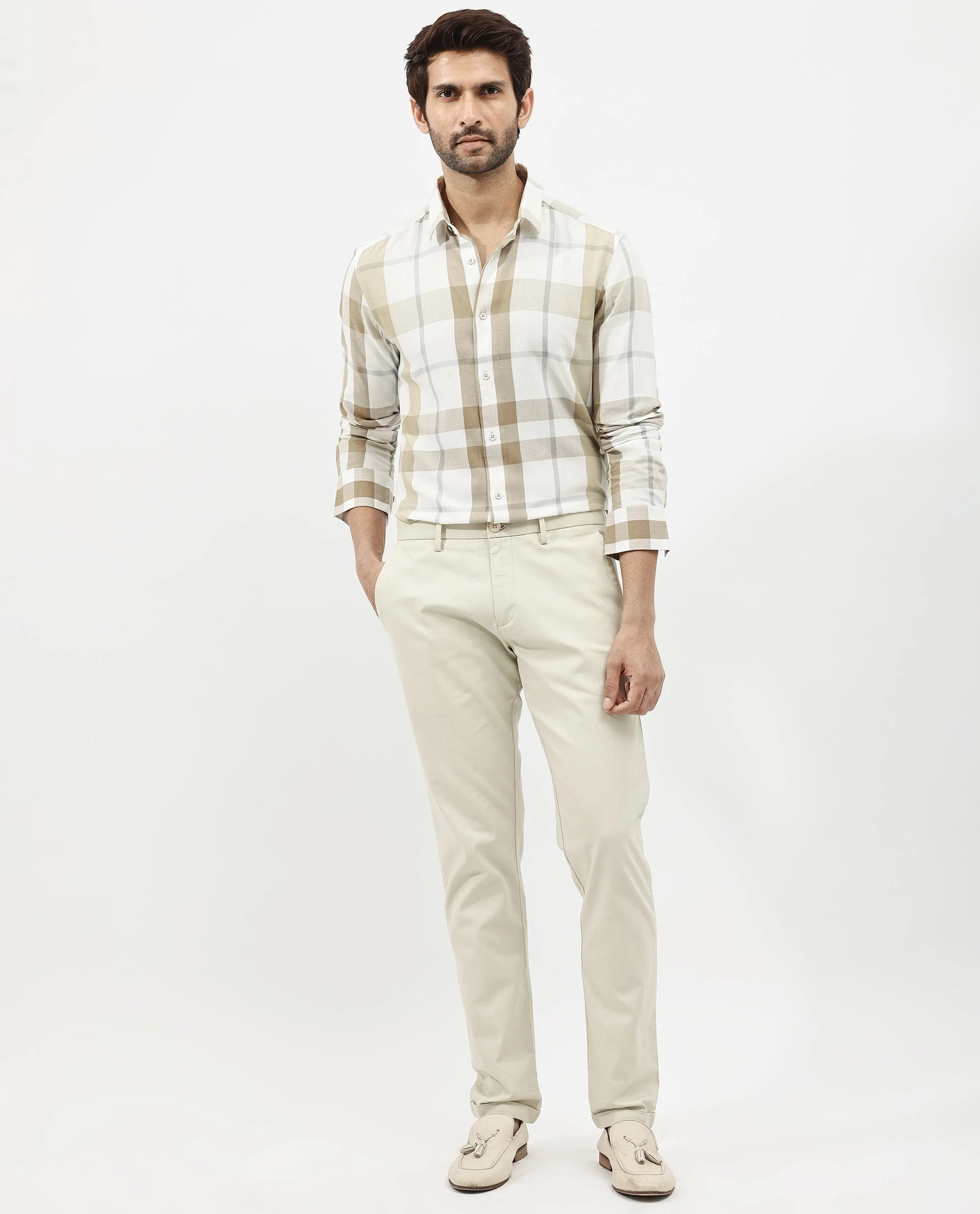 Rare Rabbit Men's Cavours Beige Cotton Checked Print Regular Fit Full Sleeve Collared Shirt - Image 9