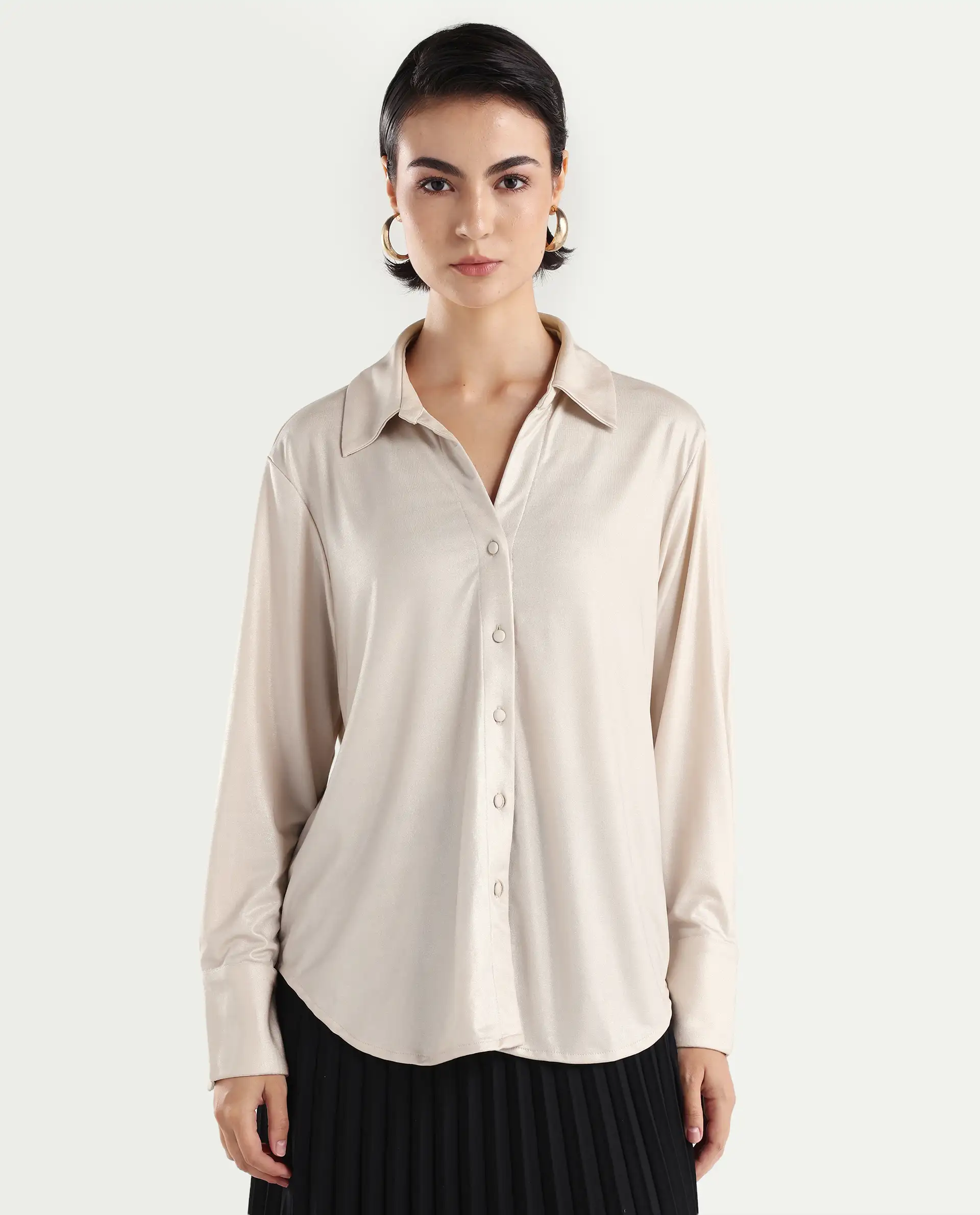 Rareism Women's Cawer Metalic Gold Polyester Drop Collar Plain Cuffed Sleeve Regular Fit Shirt - Image 3