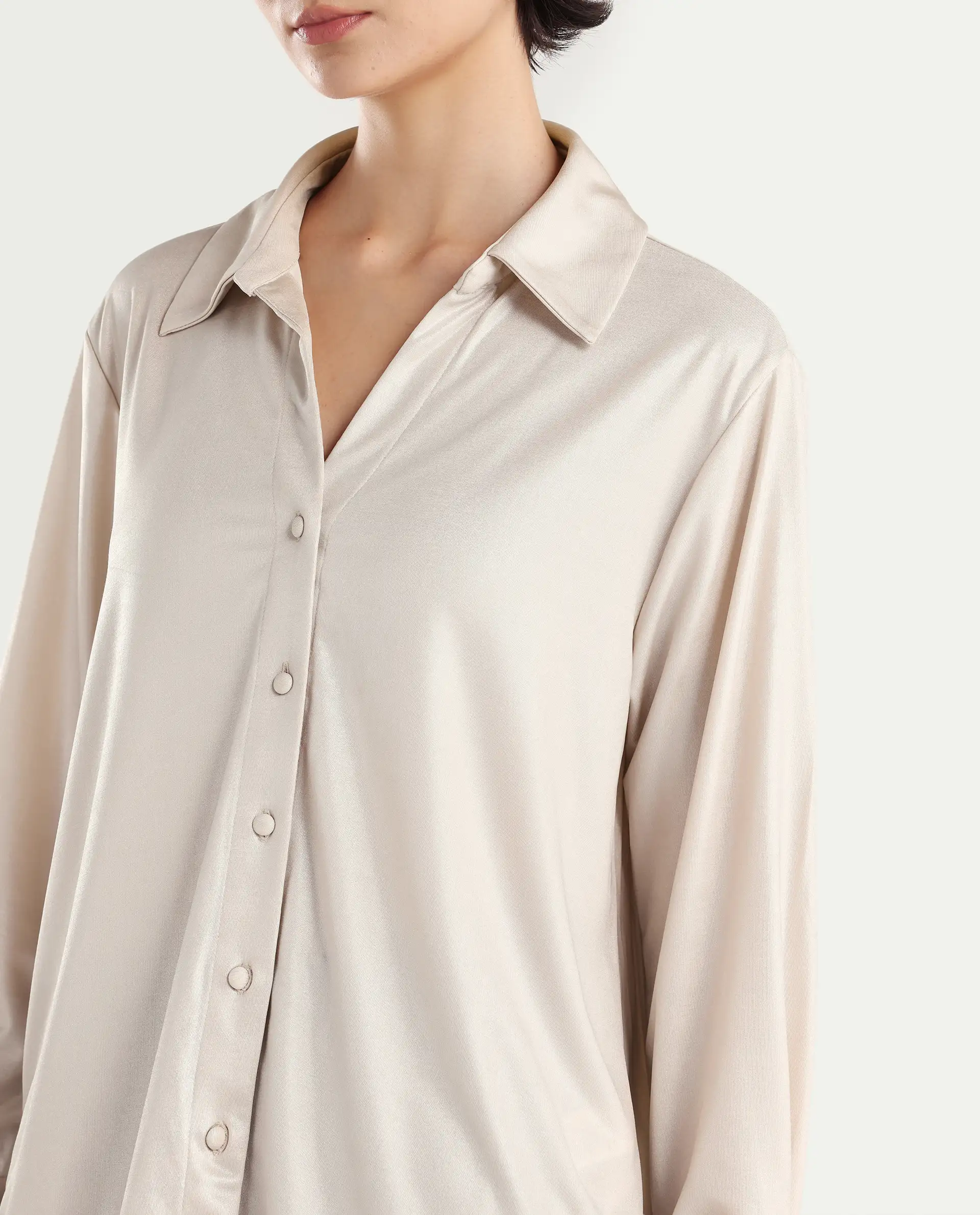 Rareism Women's Cawer Metalic Gold Polyester Drop Collar Plain Cuffed Sleeve Regular Fit Shirt - Image 4
