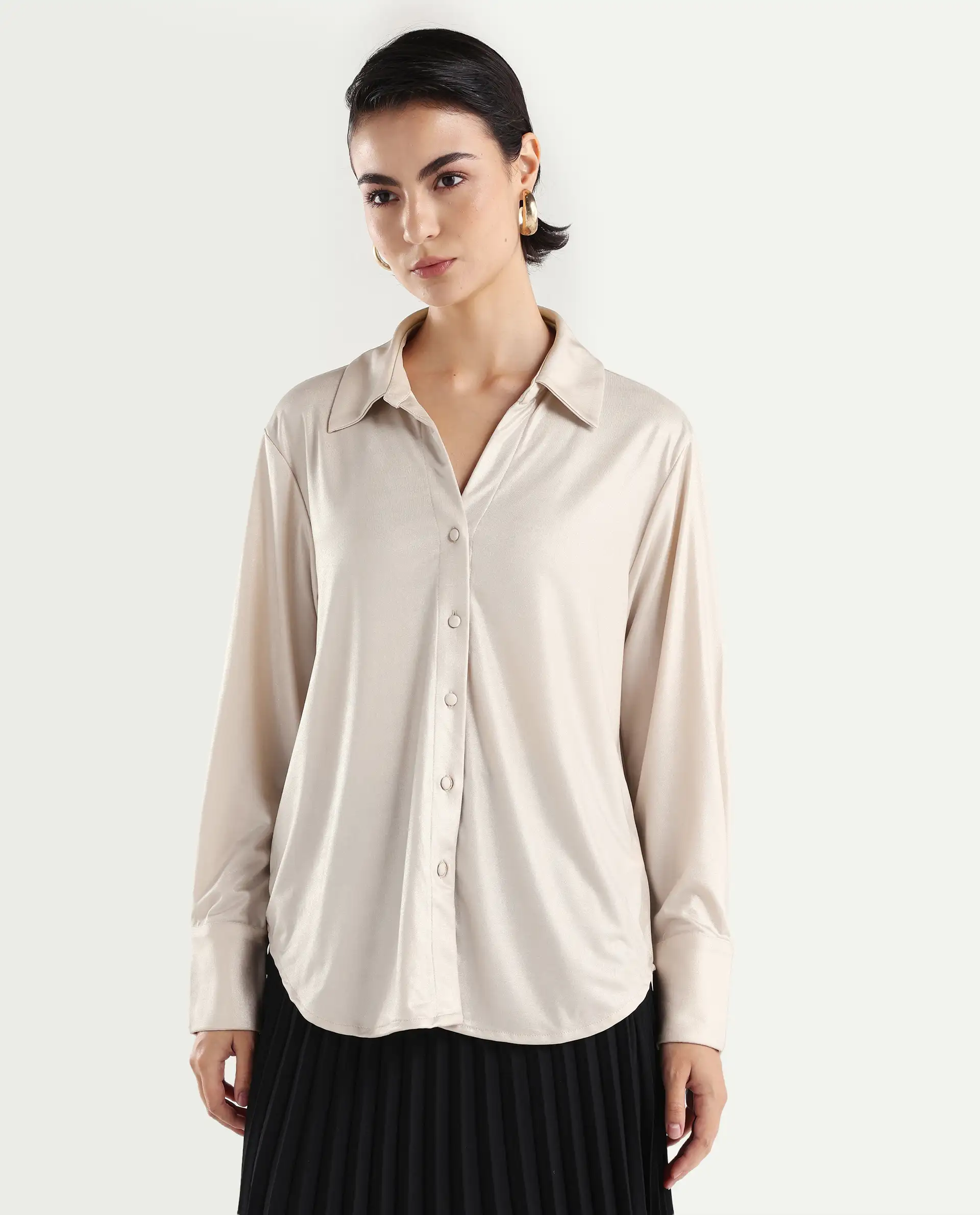 Rareism Women's Cawer Metalic Gold Polyester Drop Collar Plain Cuffed Sleeve Regular Fit Shirt - Image 5